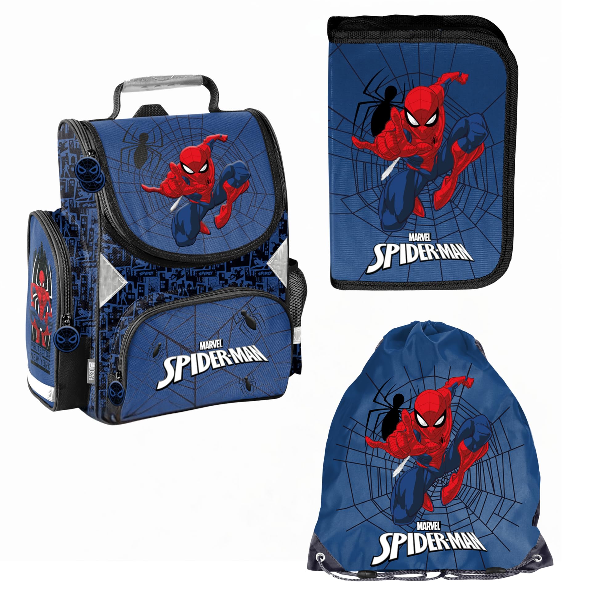PASO- Schulranzen für Jungen, 3/5/7/14er-Set - Schul-Rucksack für Kinder mit Federmäppchen - Schuhbeutel - Spiderman Motiv- 1-3 Klasse