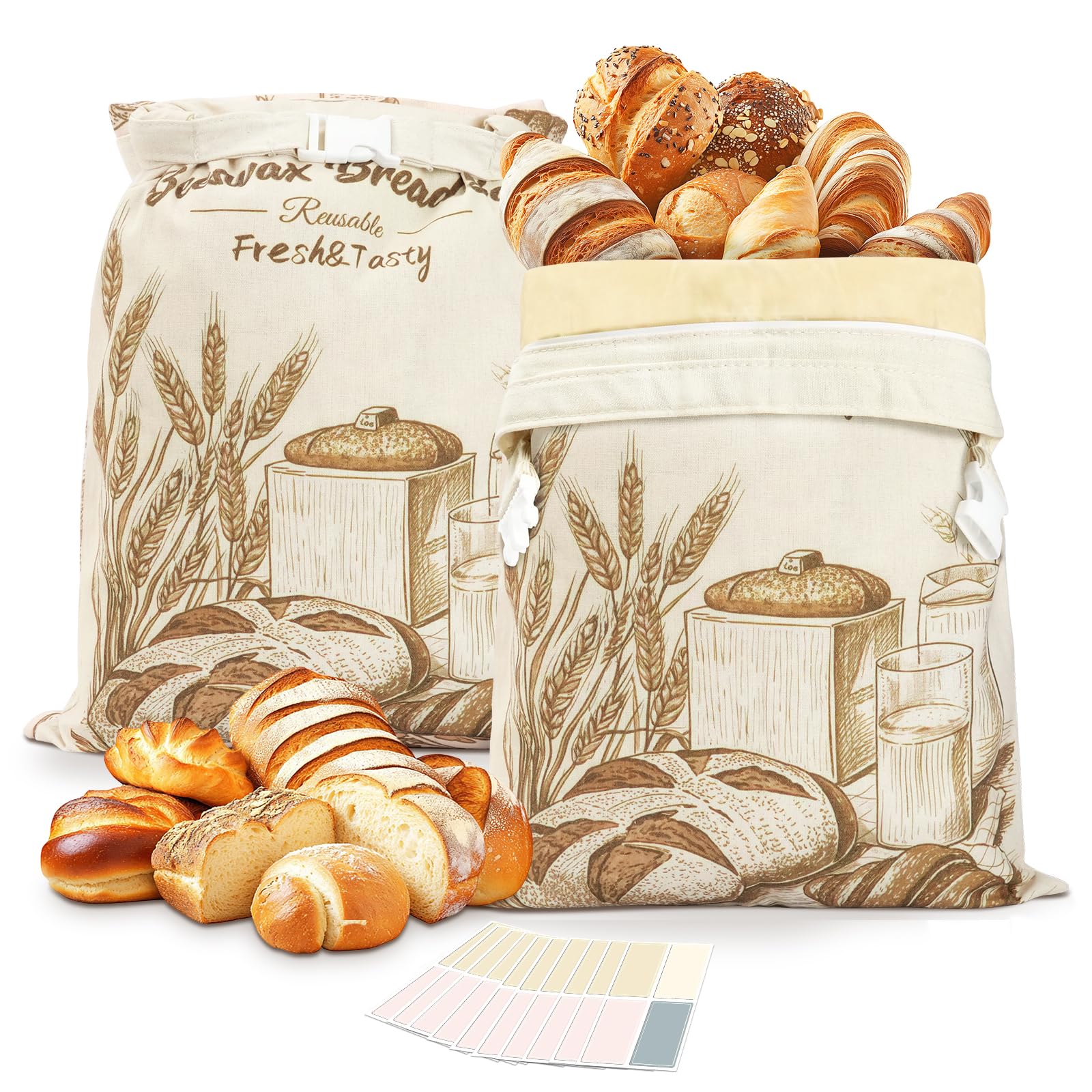 Sacs à Pain en Cire d'Abeille Lot de 2 Réutilisables en Lin et Sans BPA avec Doublure TPU 43 x 33 cm