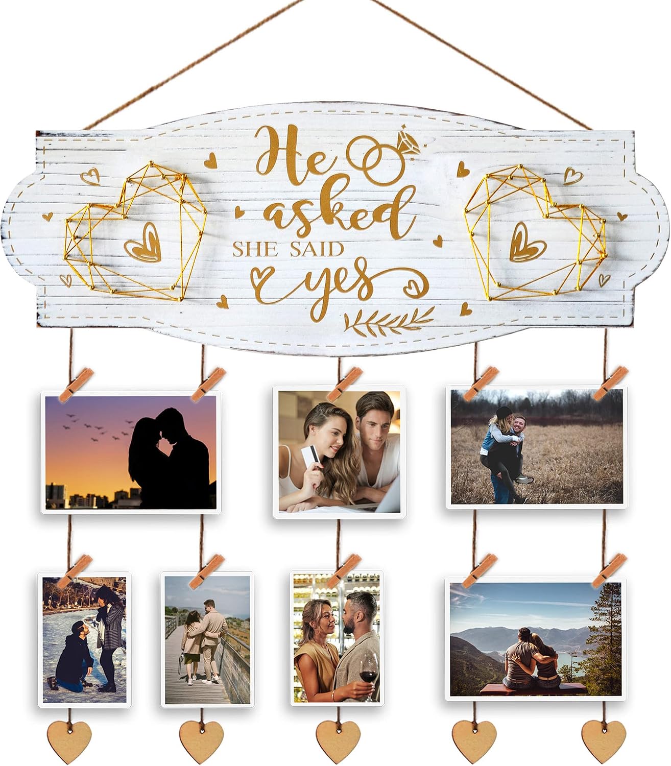 Wooden Wall Picture Organizer with Clips & Twines, He Asked She Said Yes