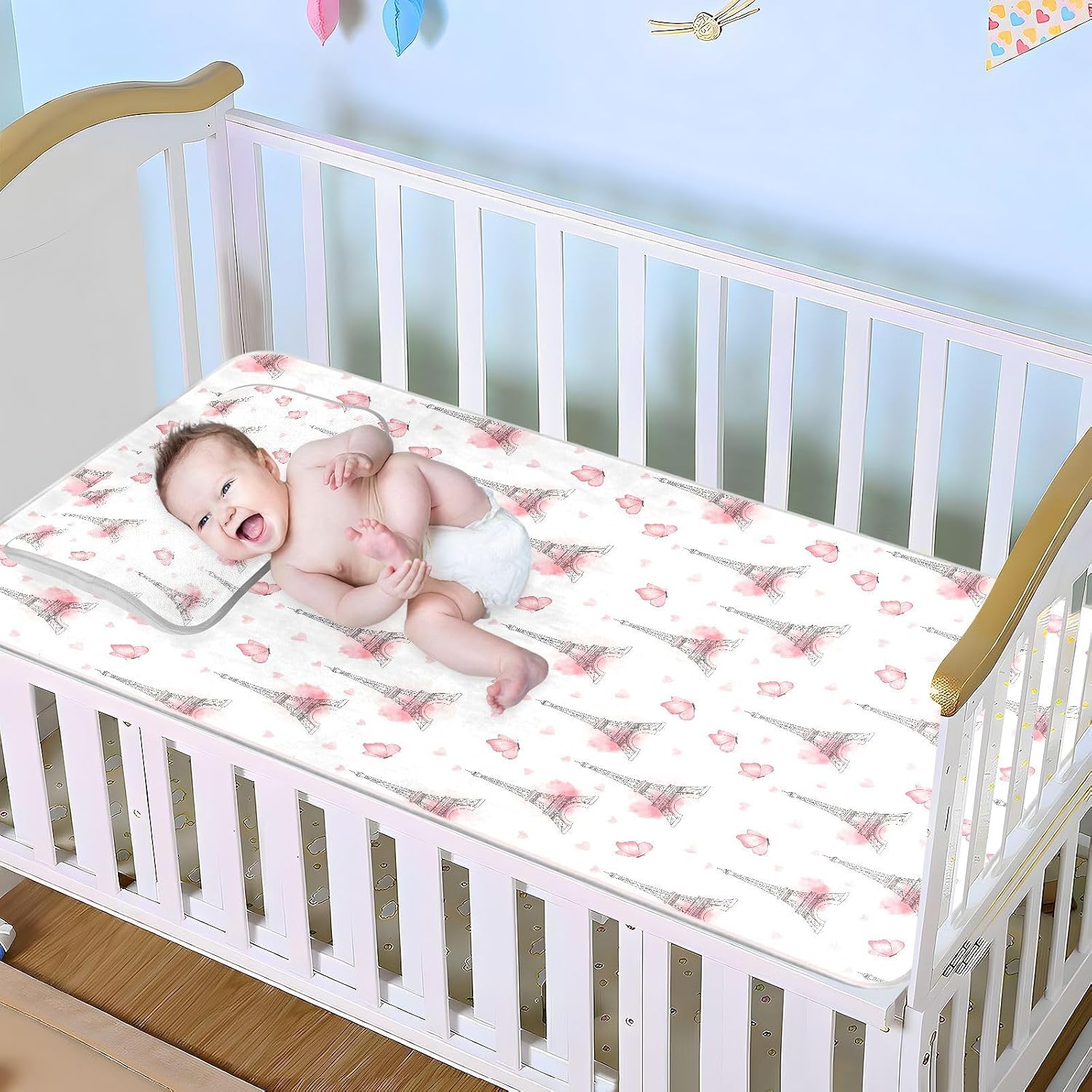 Baby Cooling Mat Eiffel Tower Pattern Ice Silk Breathable Mesh Summer Crib Mattress Pad with Pillowcase, Soft Cooling Sleeping Surface for Infant & Toddler, 52"x28"