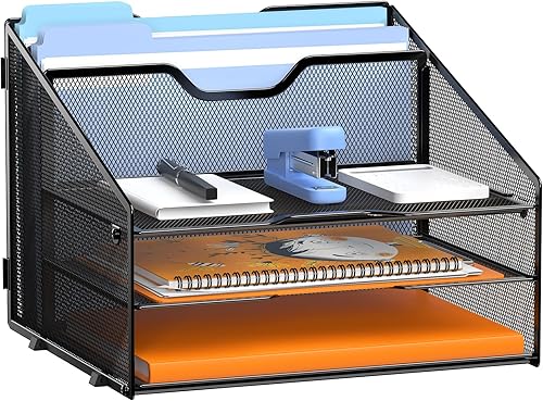 Organizador de bandeja de cartas, organizador de archivos de escritorio de malla con 3 bandejas de papel y 2 secciones verticales verticales, en