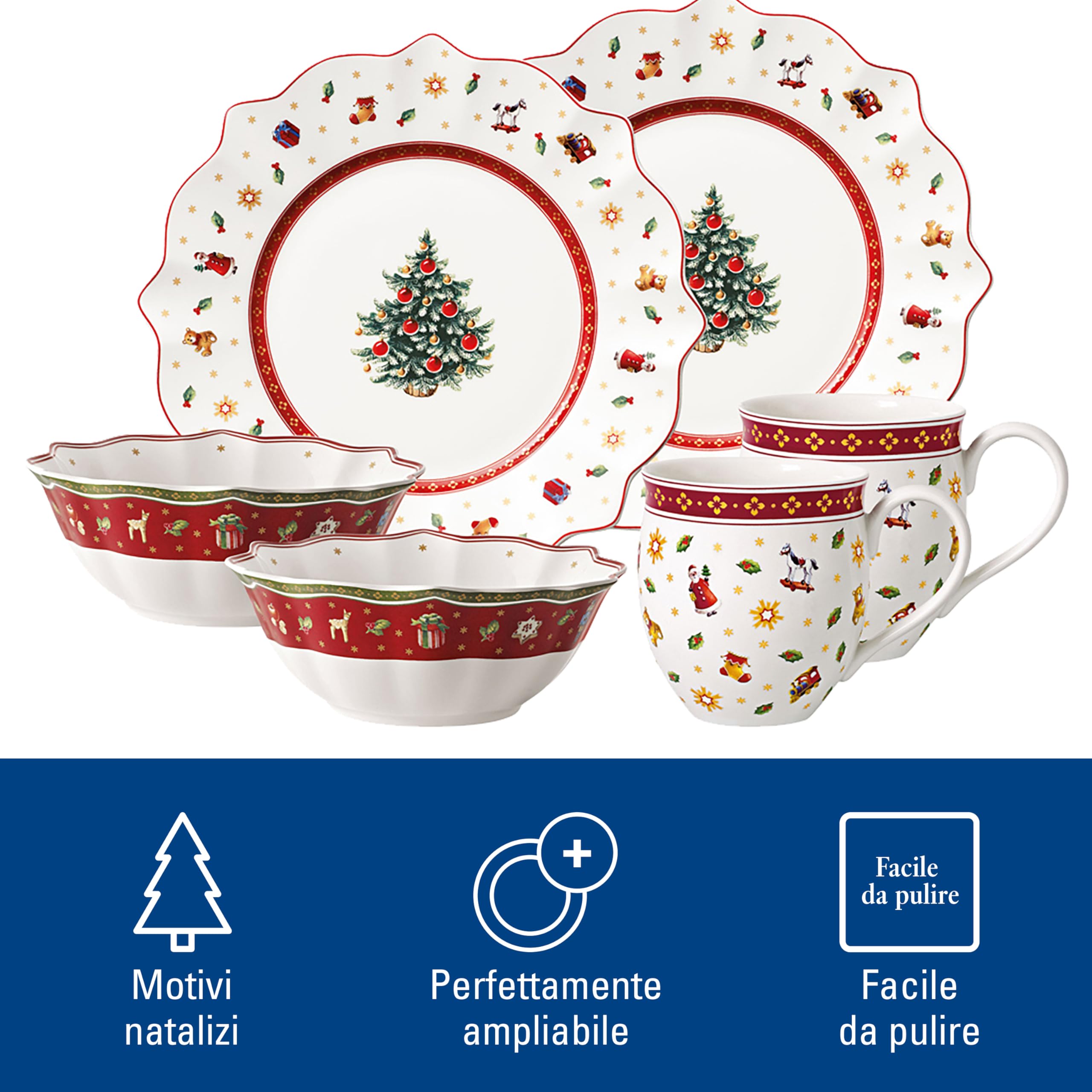 Villeroy & Boch - Toy's Delight Set da Colazione 6 Pezzi Rosso,Bianco, Stoviglie, Piatto Ceramica Natale, Scodella, Tazze, Servizio, Porcellana Premium