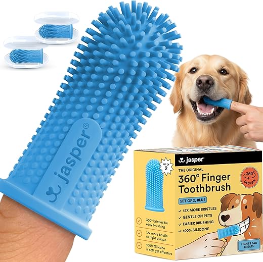 Jasper Dog Toothbrush – 360º Dog Tooth Brushing Kit for Dog Teeth Cleaning – Dog Dental Care for Puppies, Cats & Small Pets – Ergonomic Dog Finger Toothbrush with Surround Bristles – Blue 2-Pack