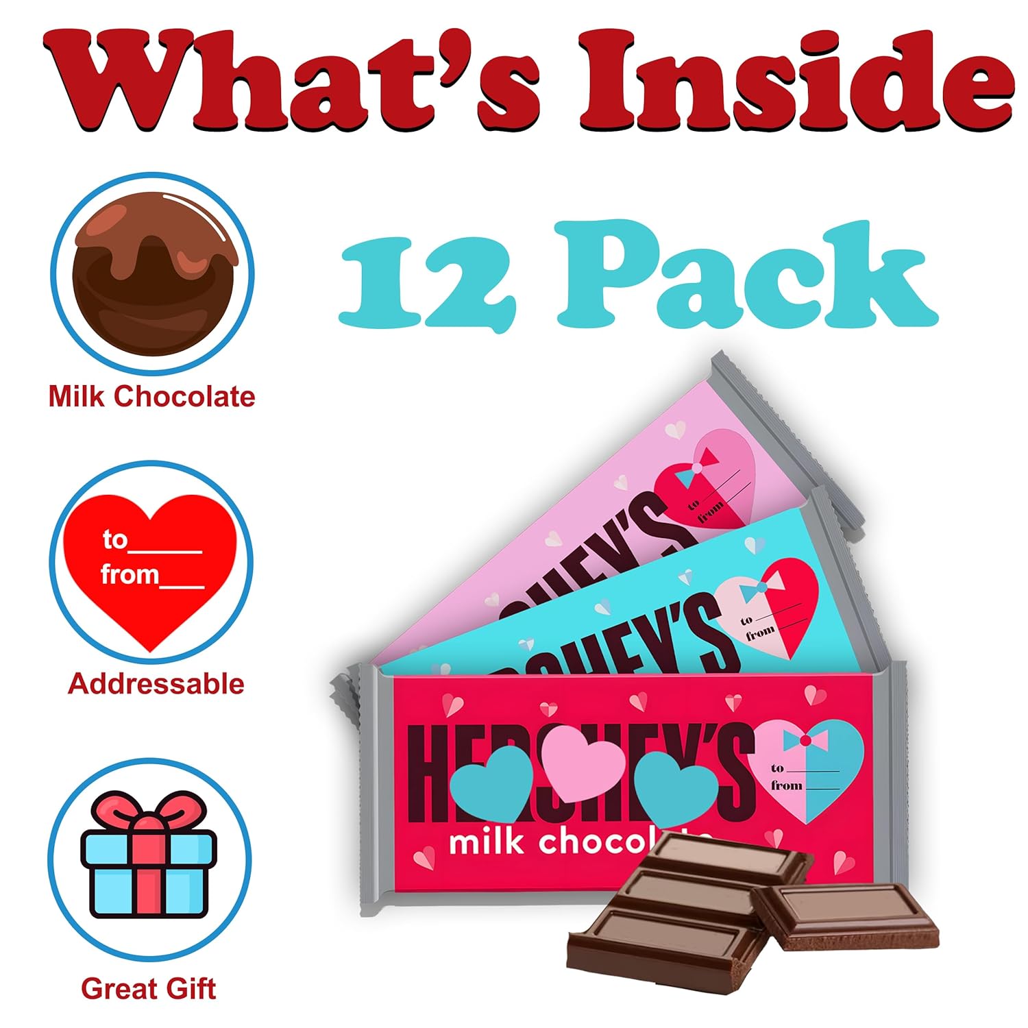 Hershey Mother's Day Heart Chocolate Bars, 12 Pack, Individually Wrapped Addressable Milk Chocolate, Full Size Bars in Pink and Red Heart Adorned Wrapping, 1.55 oz. Each, Mothers Day Chocolate Gift