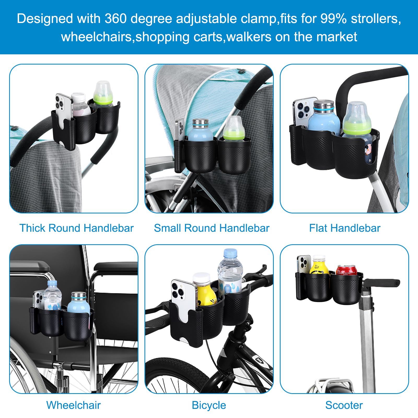Accmor Portabicchieri per passeggino con supporto per telefono, portabicchieri per bicicletta, portabicchieri universale per passeggini Uppababy Nuna, portabevande 2 in 1 per deambulatori, sedie a