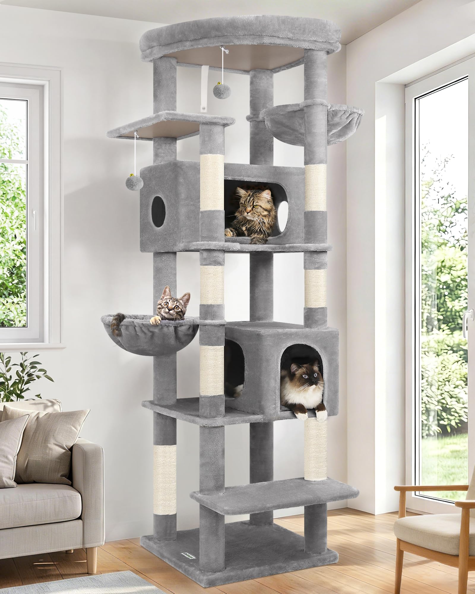 Globlazer Tiragraffi Grandi Alto 188 cm con 2 Grotta, 2 Cesto, Piattaforma Imbottiti, Antiribaltamento Albero Tiragraffi per Gatti Adulti Morbido Peluche Facile da Pulire (S74, Grigio Chiaro)