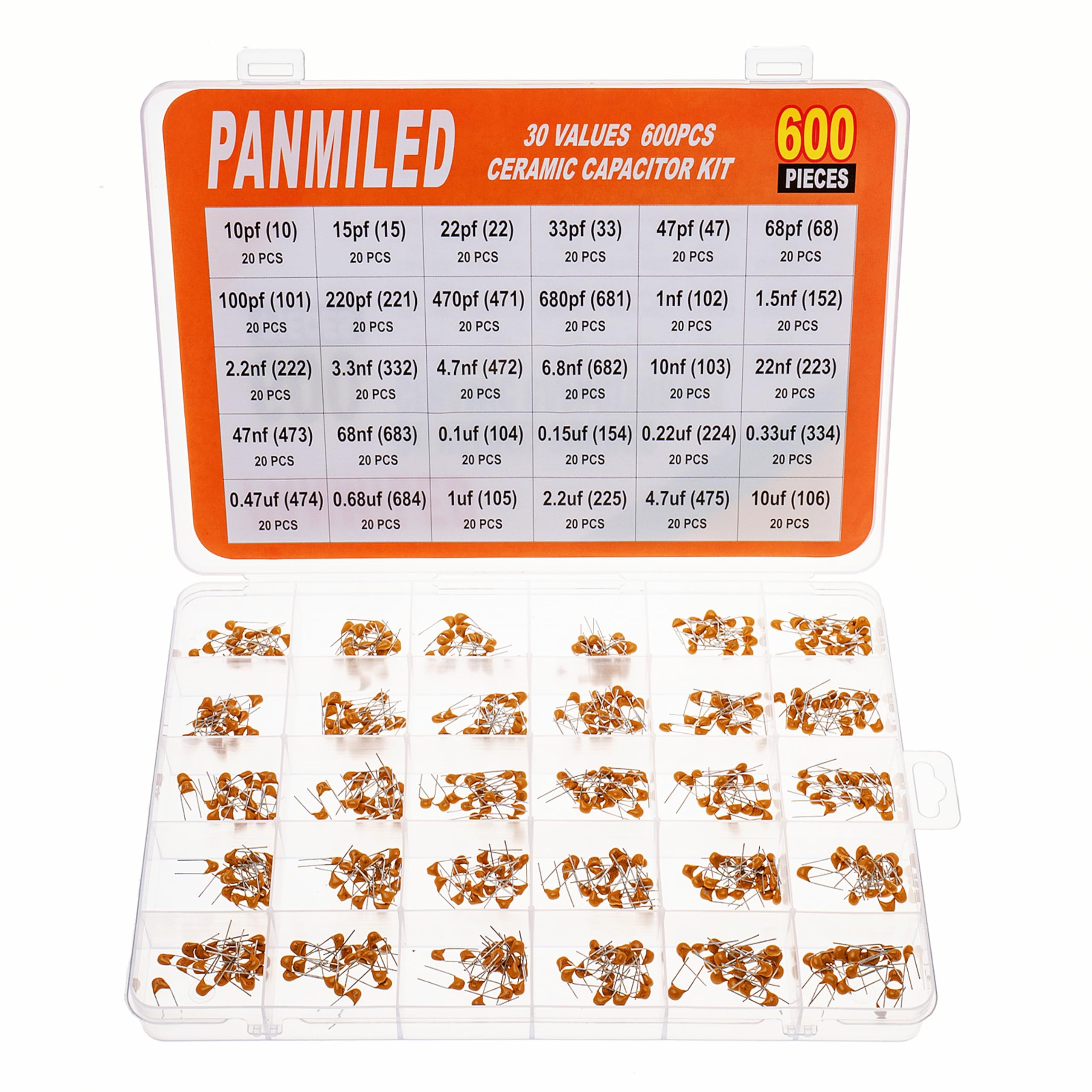 PANMILED 30 Values 600 Pieces Ceramic Capacitor 10PF to 680PF and 1NF to 680NF and 1UF to 10UF Multilayer Monolithic Ceramic Capacitor Assortment kit