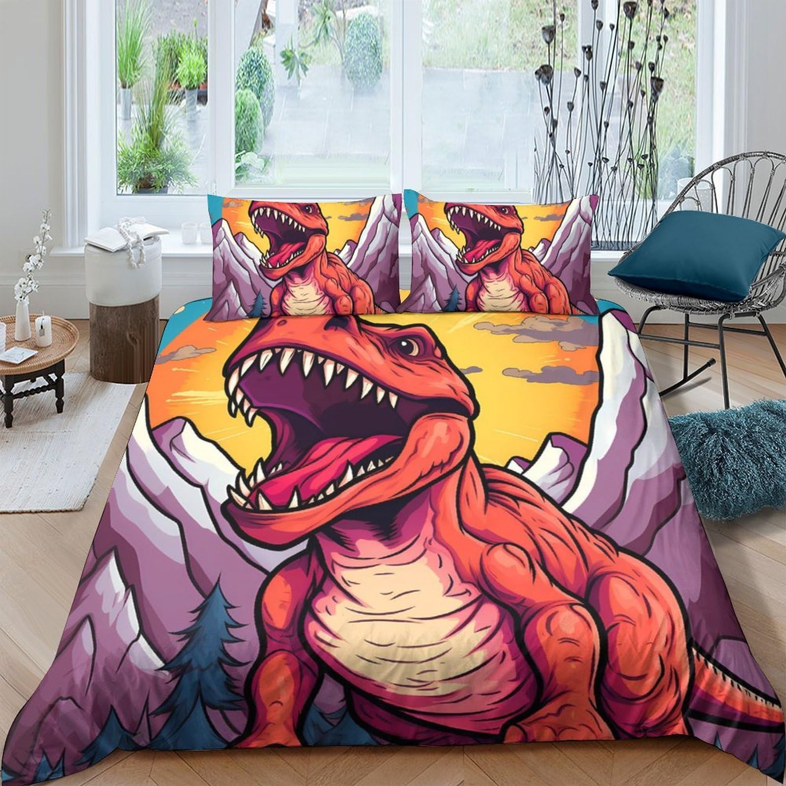 Ctjqhvkz Style-7 3D Printed Cartoon Dinosaur Fitted Sheet Microfiber Soft Orange T-Rex Bed Cover For Bedroom Dorm Mattress Protection Single（135X200cm）