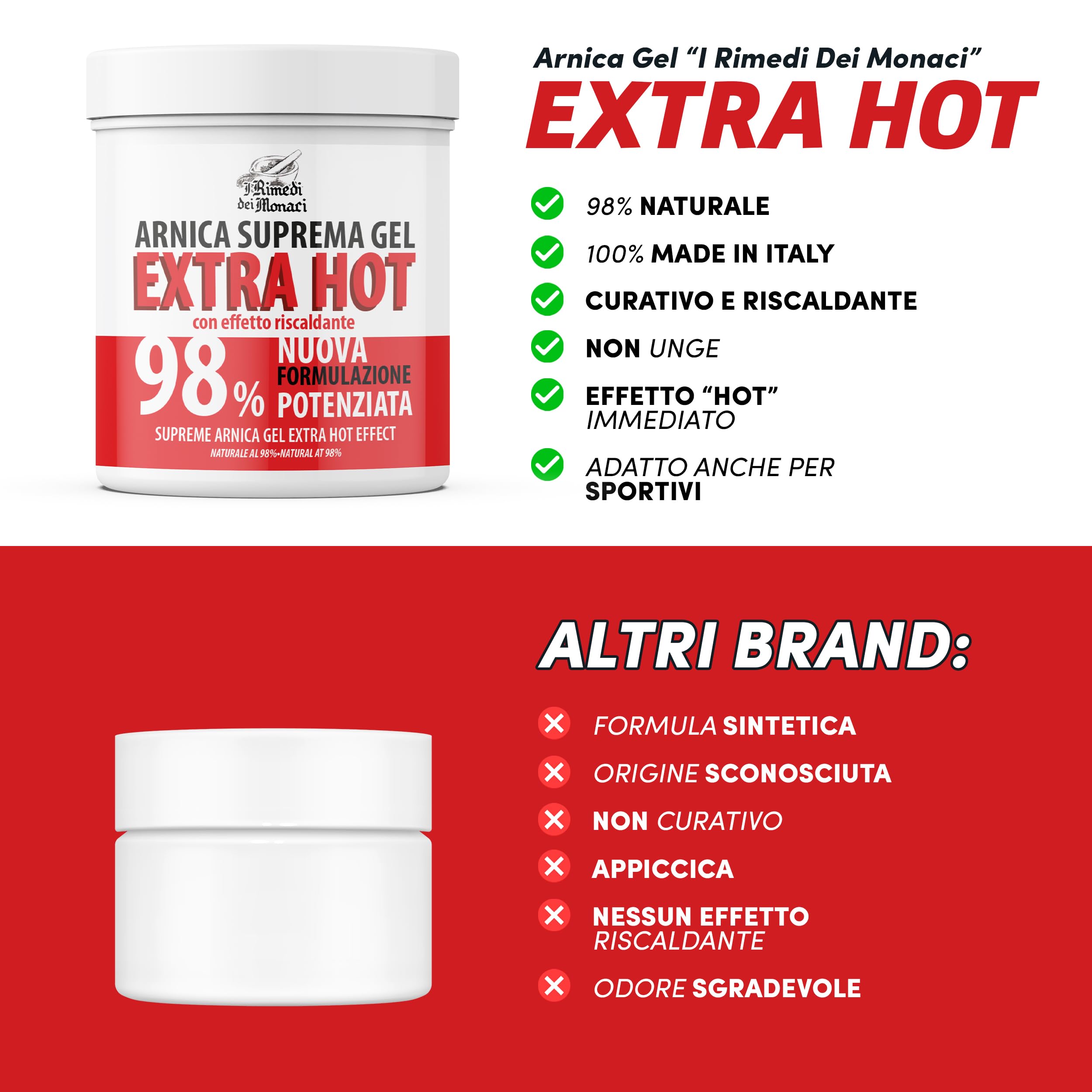 ARNICA SUPREMA GEL 98% SUPER HOT – Formula Potenziata con Arnica Montana, Artiglio del Diavolo e Canfora – Sollievo per Muscoli e Articolazioni – Crema Riscaldante, Extra Forte – 2x550ml