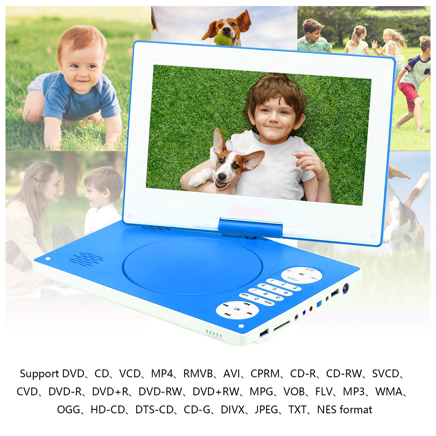 YOOHOO Reproductor de DVD portátil de 12.5 pulgadas con pantalla giratoria HD de 10.5 pulgadas y 270° con batería recargable, adaptador de CA compatible con todas las regiones, multiregión