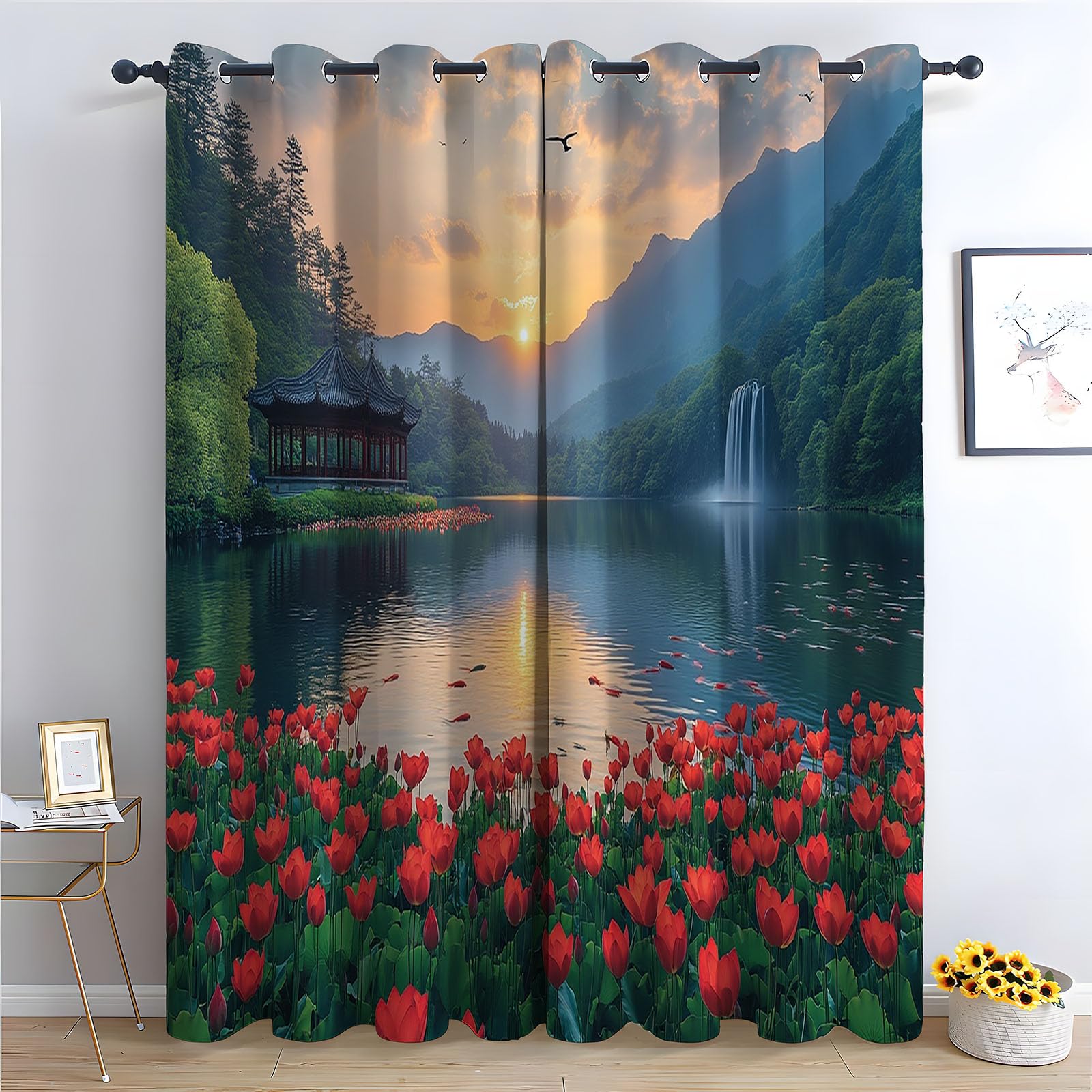 TERUEA Outdoor Curtains Garden Decor, Oriental lake pavilion red pond waterfall mountain sunset Boho Home/Office Artistic Decor for Bedroom Living Room-52 W x 96" L (Pack of 2)