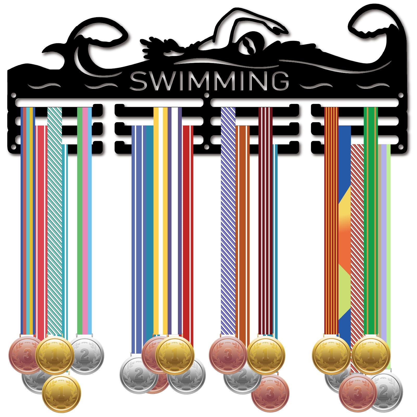 Soporte Para Medallas Natación CREATCABIN - Hierro, 29x10.8 Cm, 14 Ganchos, Montaje En Pared, Negro