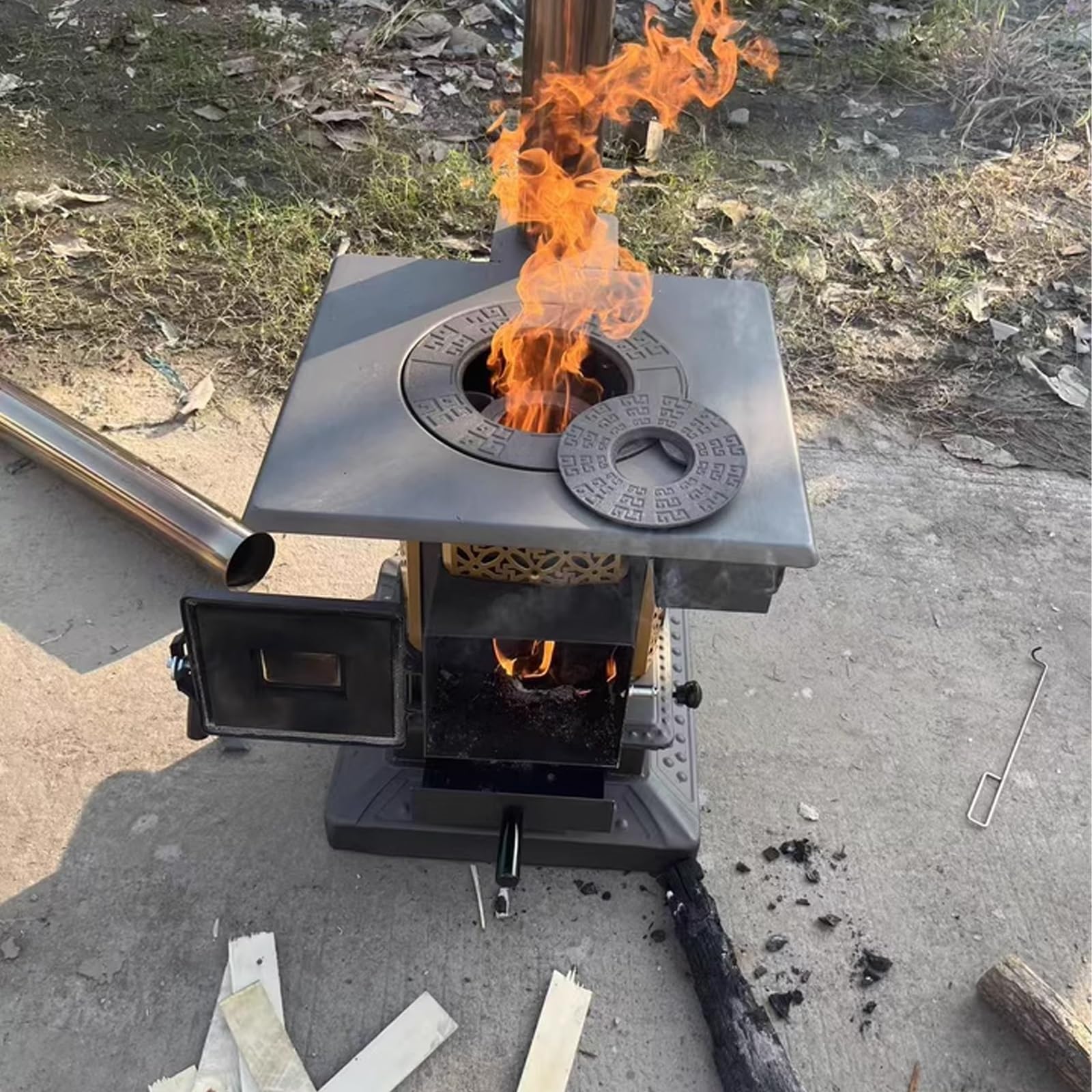 Fornello da Esterno Finestra di Ispezione Stufa a Gassificazione Senza Fumo Cucina a Legna con Forno e Piano Cottura Cassetto Raccoglicenere Adatto per Terrazze e Interni(B)