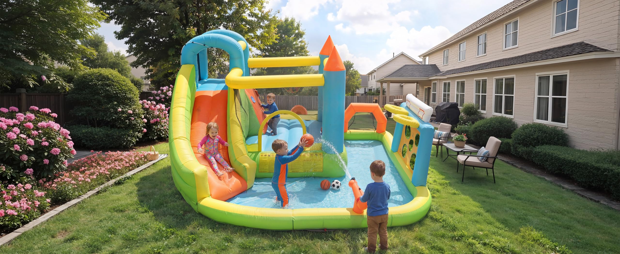 Gecheer Kinder Hüpfburg Aufblasbar 360x320x200cm mit Rutsche Wasserpool Basketballkorb Outdoor Spielzeug für Kinder von 3-10 Jahren Garten Party Strand Camping Geburtstag Sommer Wasserspaß
