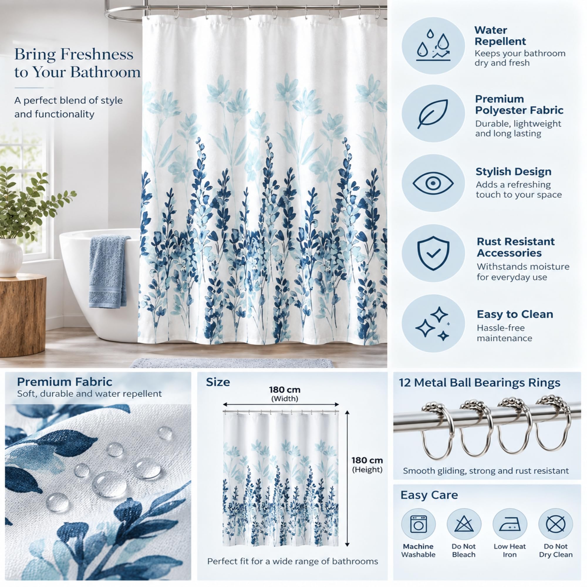 homewards Polyester Floral Design Shower Opaque Curtain with 12 Hooks, Standard, 72" X 72" (180 Cm X 180 Cm) — Amazon image 5