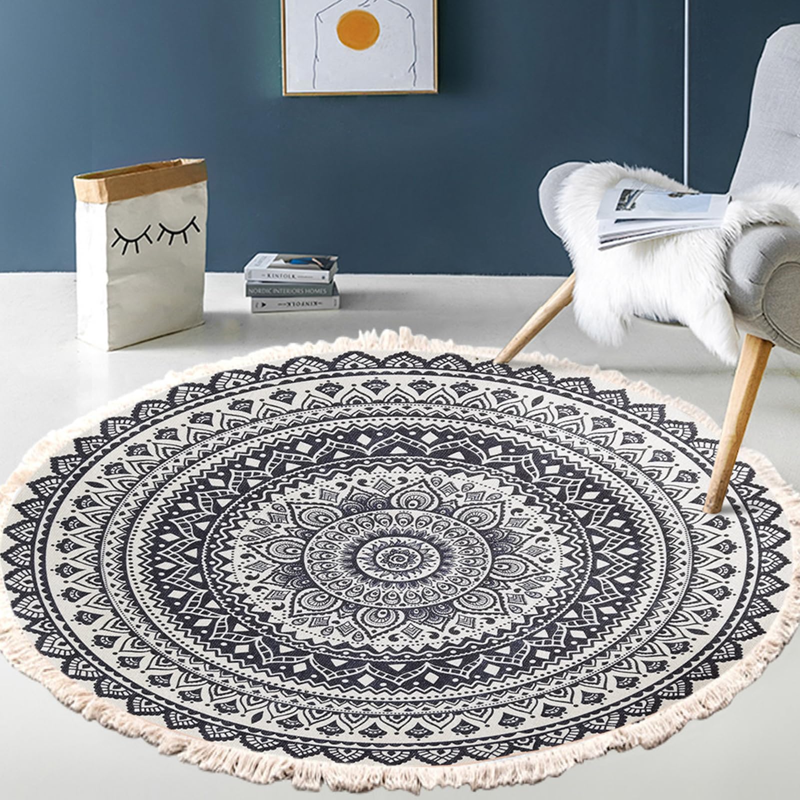 VAODO Area Rugs, 120 cm Round Tassel Carpet, Soft Non-slip and Easy-Care Cashmere Floor Mat, Suitable for Living Room, Bedroom, Hallway, Office, Black&white