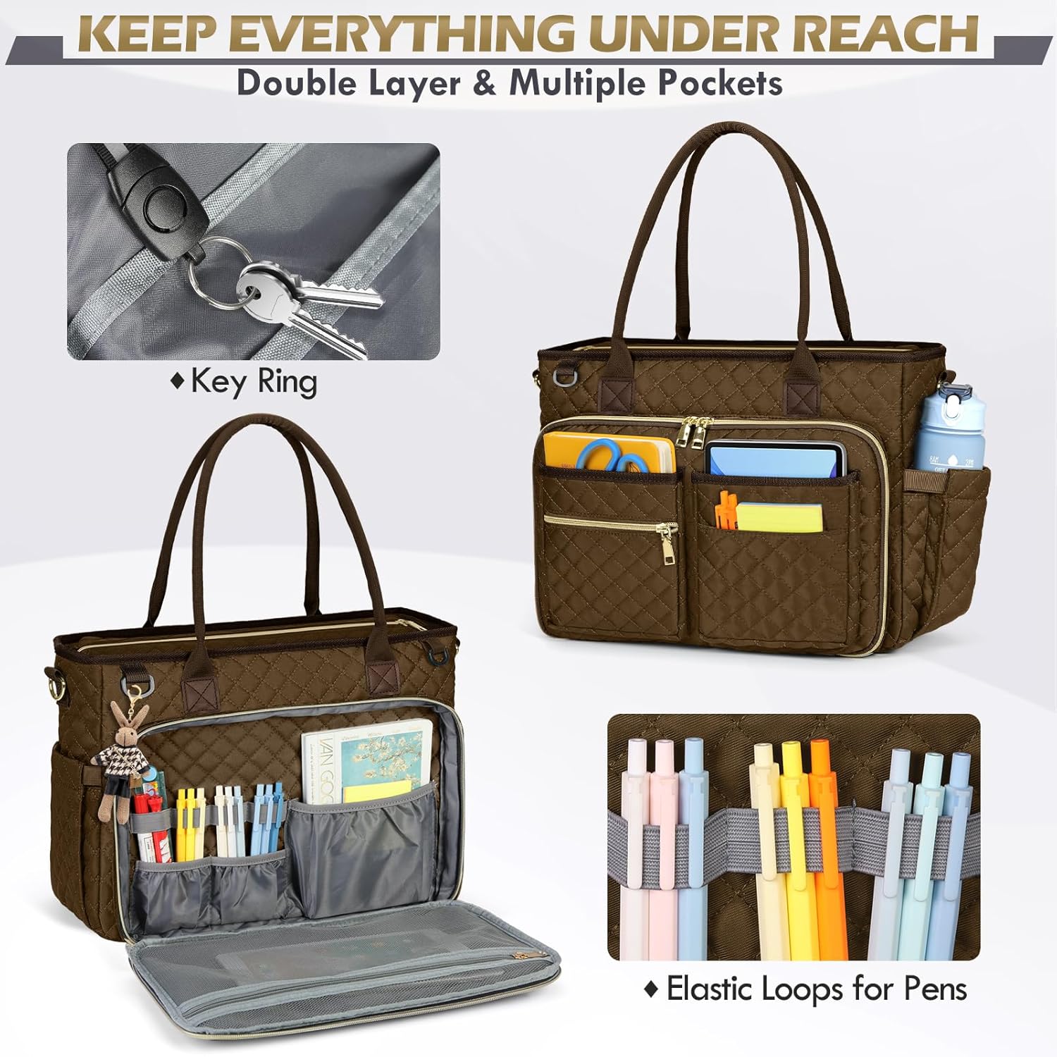 RAINSMORE Teacher Tote Bag 15.6 inch Laptop Bag for Women Work Bags Laptop Tote Nurse Bag Professional Computer Messenger with Insulated Pocket, Laptop Briefcase for Office, College, Nursing, Coffee - Image 4