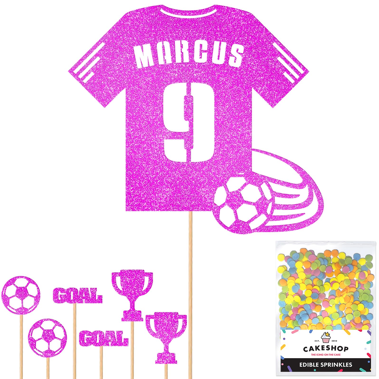 Personalised Birthday Football Kit Jersey Cake Topper- Pink Any Name & Age Number Glitter Cake Decoration and Sprinkles - Happy Birthday Decorations - Personalised Toppers for Cakes by Cakeshop
