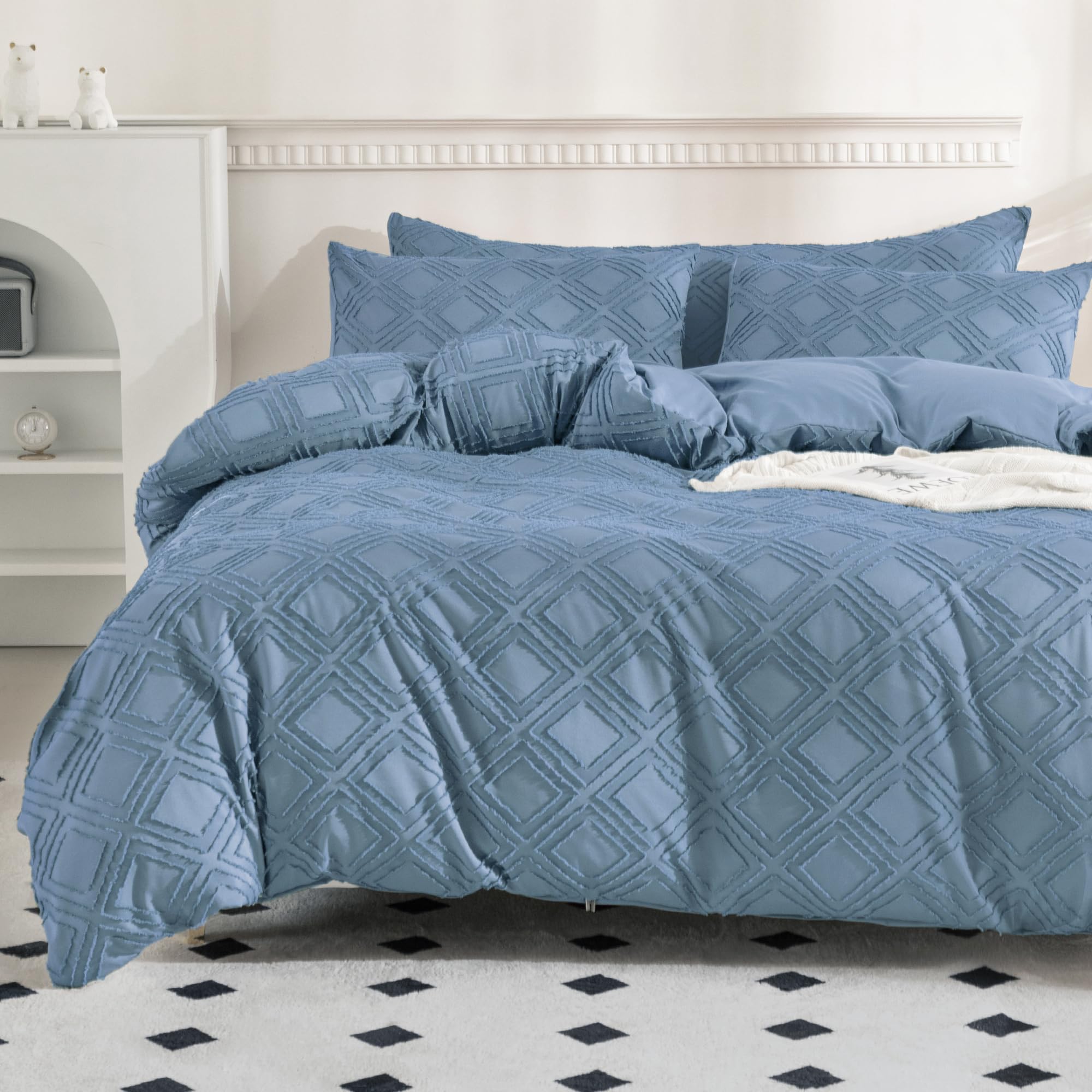 JELLYMONI Duvet Cover King Size Blue - 3PCS Boho Duvet Cover Set Plaid Polyester Tufted Bohemian Jacquard Knit Textured Comforter Cover 104×90in