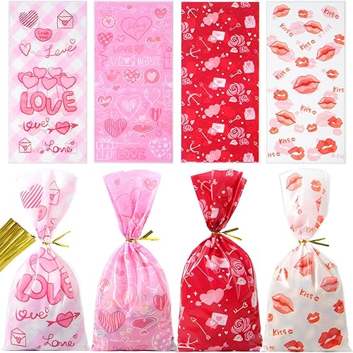 idolpack Paquete de 50 bolsas de celofán para el día de San Valentín con 50 lazos torcidos, bolsas de violonchelo con corazón rojo, bolsas de dulces disponible en Yaxa Colombia