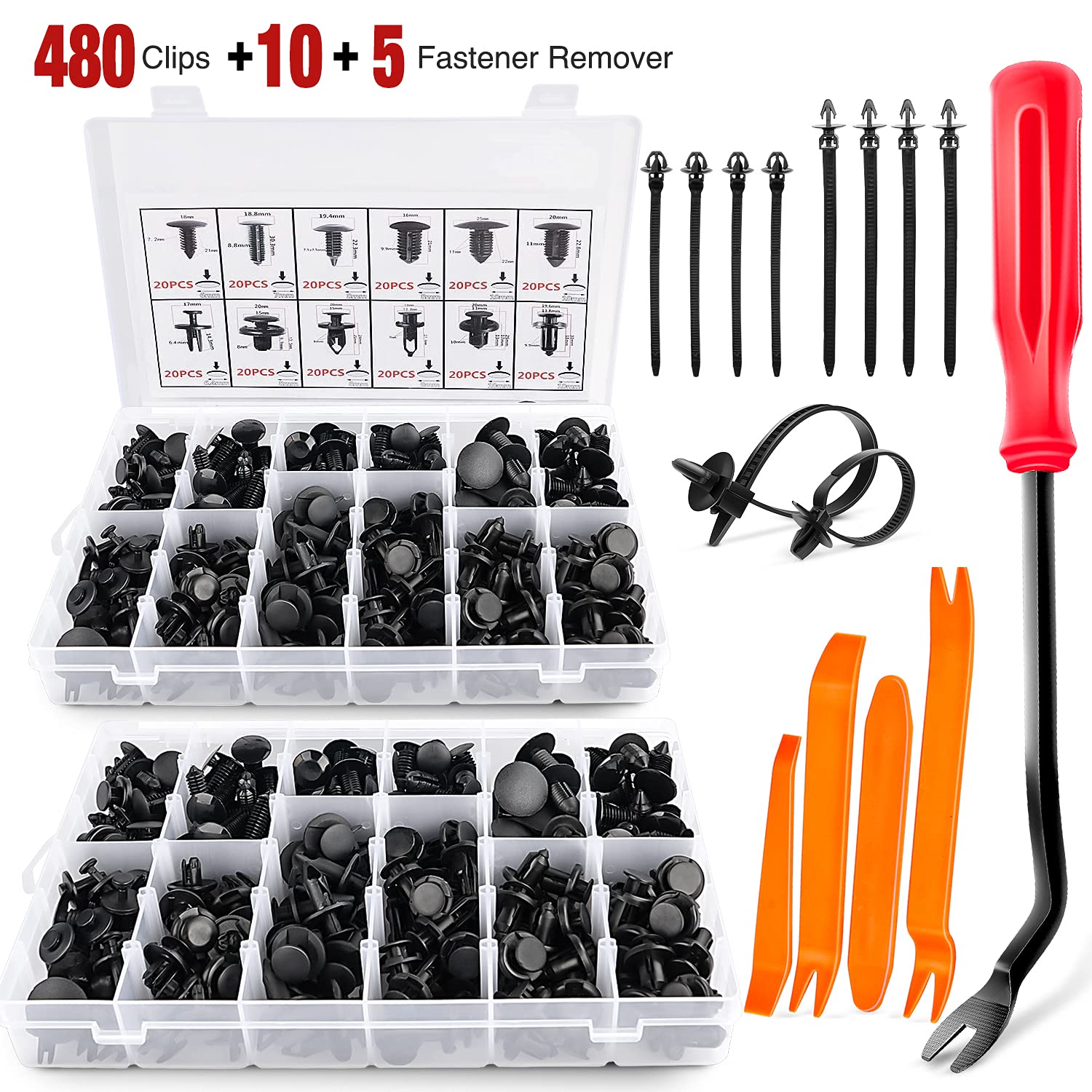 Nilight 480pcs Car Retainer Clips & Fastener Remover with 12 Most Popular Sizes Auto Push Pin Rivets Set -Door Trim Panel for Toyota GM Ford Honda Acura Chrysler,2 Years Warranty