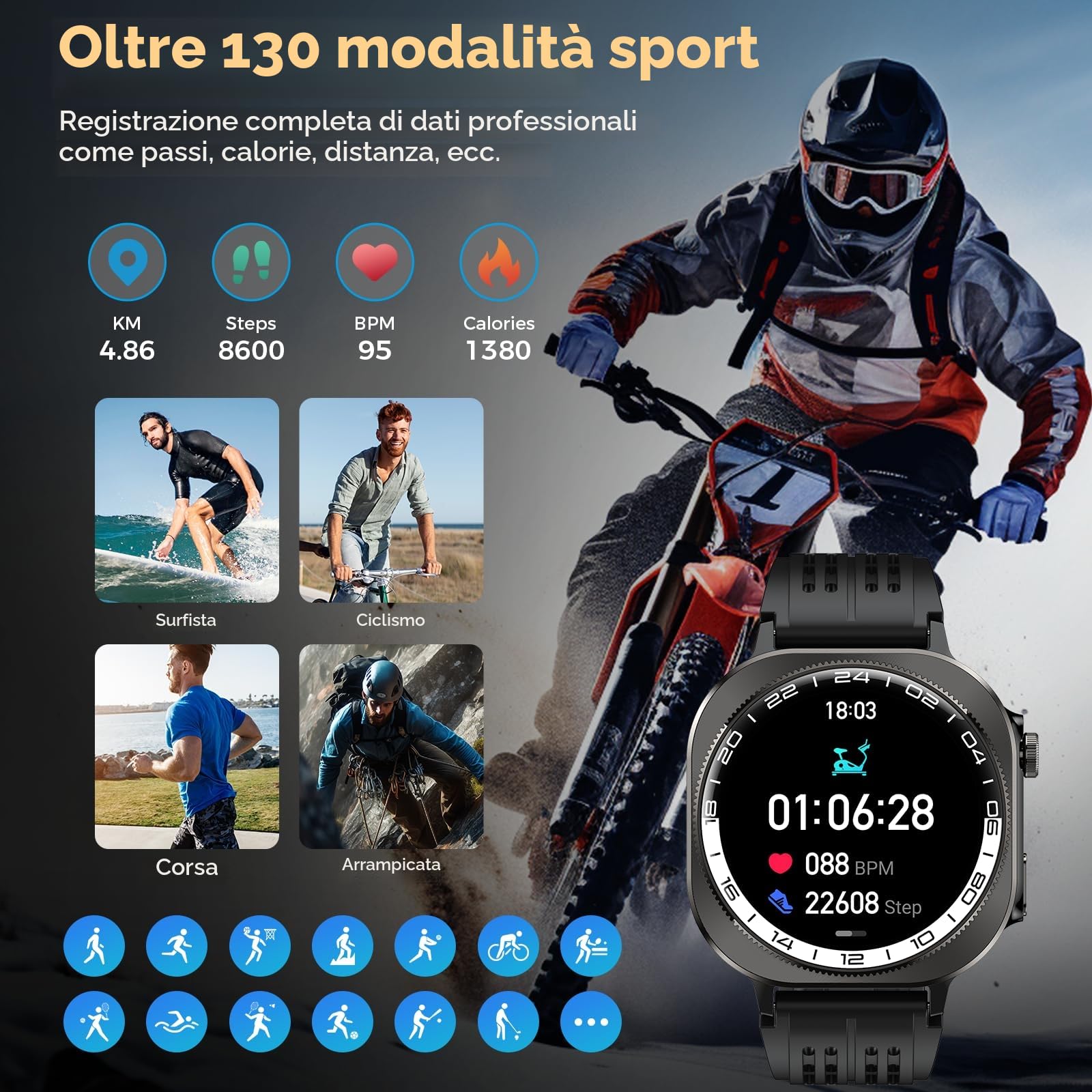 2026 Smartwatch Uomo, Nuovo 1,43'' Orologio Intelligente Fitness con Chiamate Bluetooth,Militari Smart Watch Tracker 130+ Modalità Sportive per Cardiofrequenzimetro,SpO2, Smart Watch per Android iOS