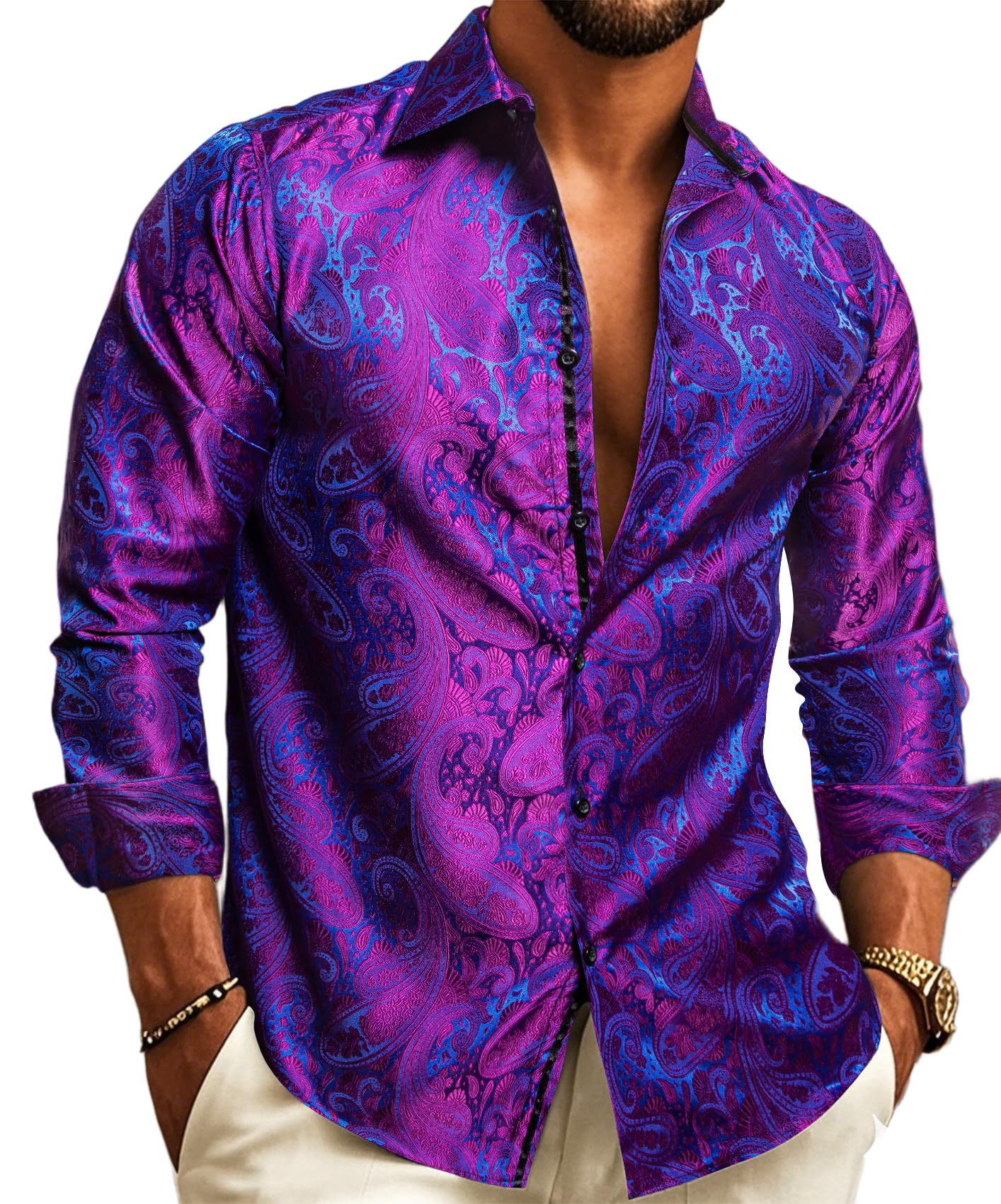 Barry.Wang - Camisa de vestir de manga larga de cachemira con diseño de flores para hombre