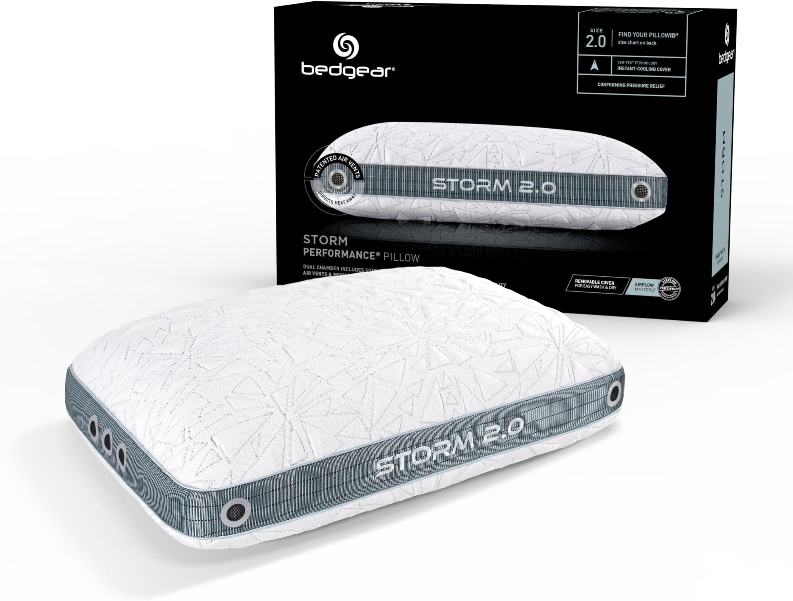 Bedgear Storm Performance Pillow โ 2.0 - Cooling Bed Pillow for Hot Sleepers - Medium Firmness Pillow for All Sleep Positions, Washable & Removable Cover - 20" W x 26" L x 5.75" H