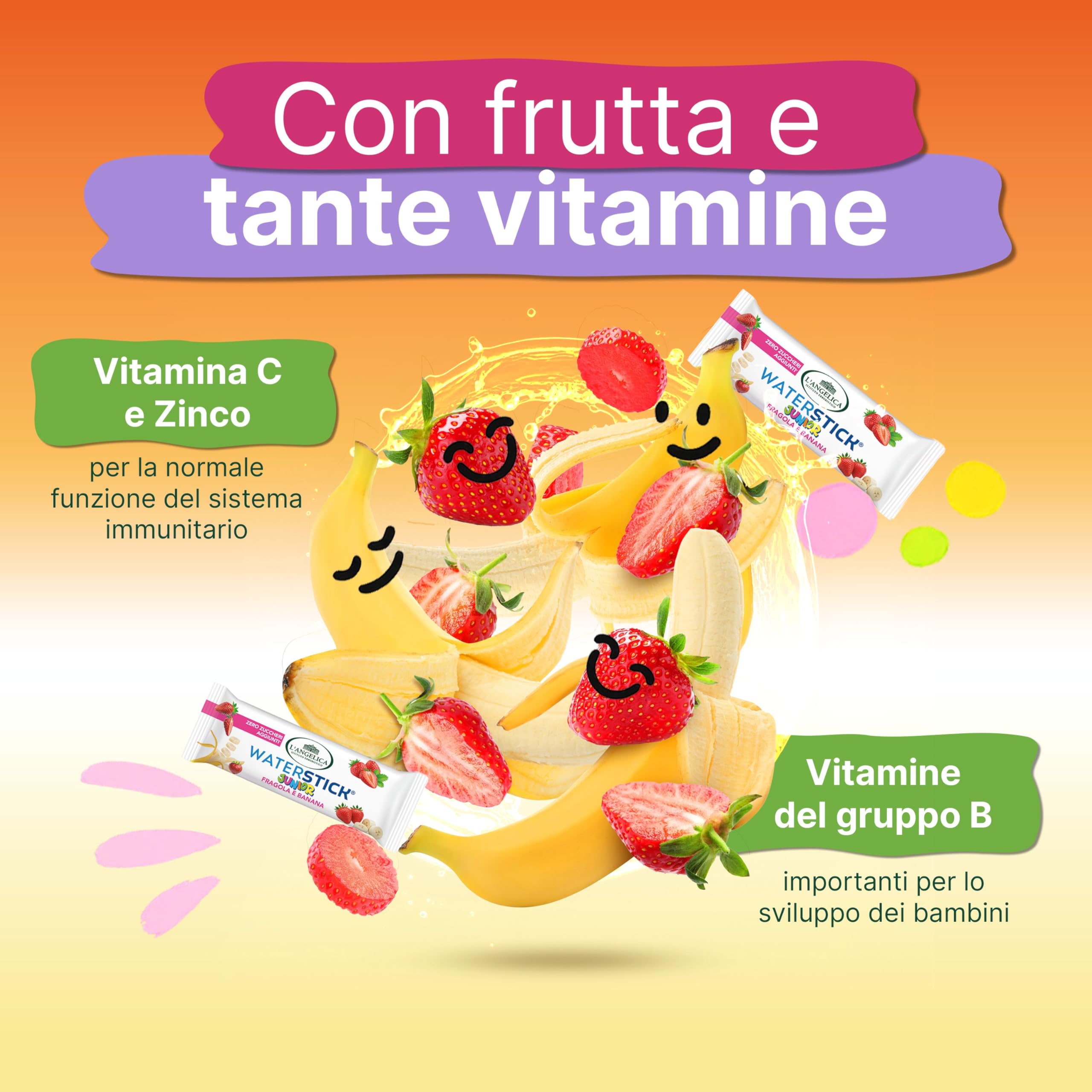 L'Angelica, Waterstick Junior, Gusto Fragola e Banana, Con Frutta, Vitamine, Zero Zuccheri Aggiunti, 6 Astucci da 12 Stick