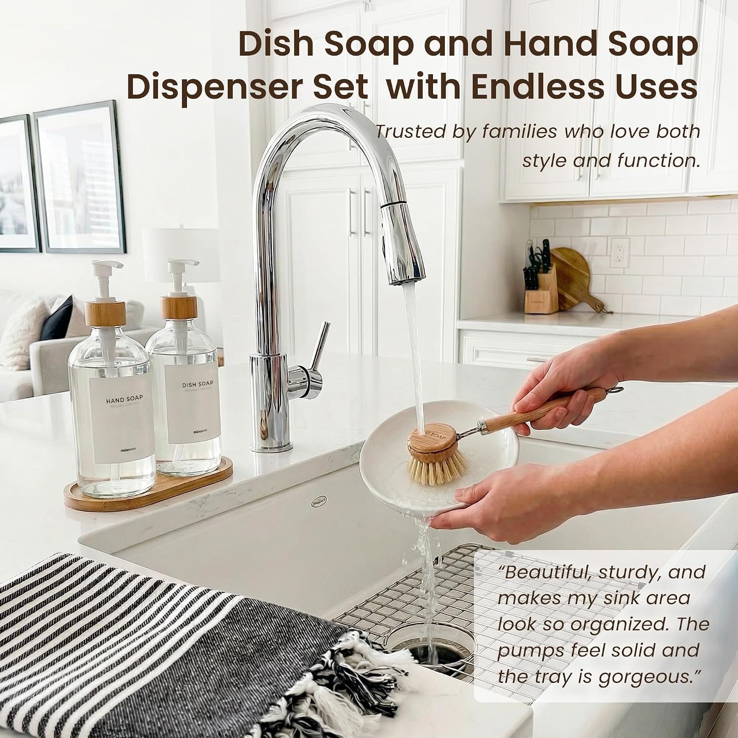 MaisoNovo Glass Dish Soap Dispenser for Kitchen Set of 2-16.9oz Clear Dish and Hand Soap Dispenser Set for Kitchen - Clear Glass Bottles x 2 with White Bamboo Pumps & Tray