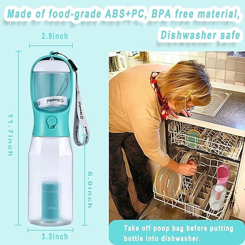 Miniatura 6 de Botella de agua para perros con contenedor de alimentos y soporte para bolsa de excrementos, cuenco de agua de viaje, dispensador portátil para