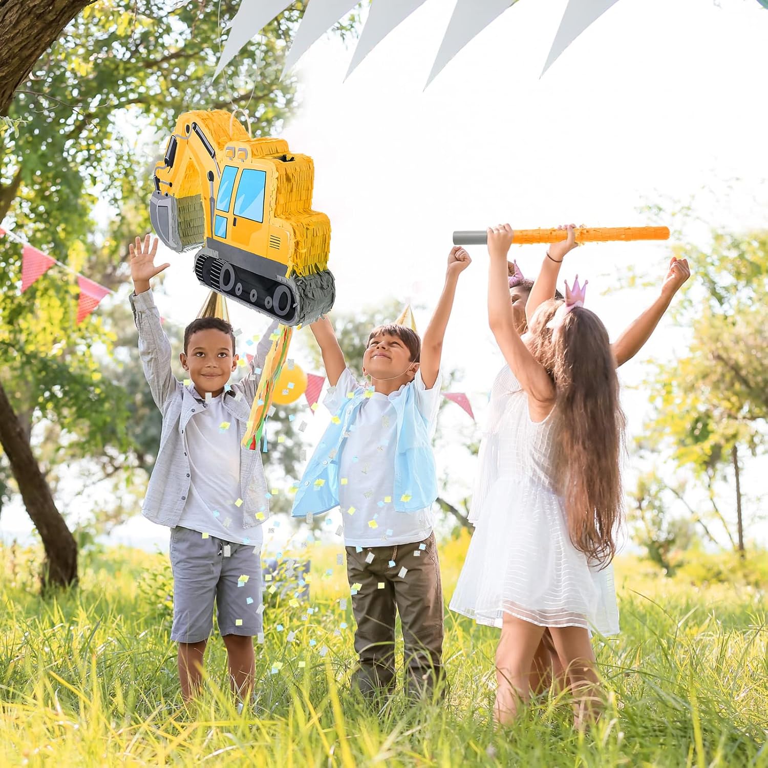 Ferraycle Excavator Construction Truck Pinata for Boys Birthday Party Supplies Bundle with Blindfold Bat Confetti Number Crane Tractors Pinata for Party Supplies