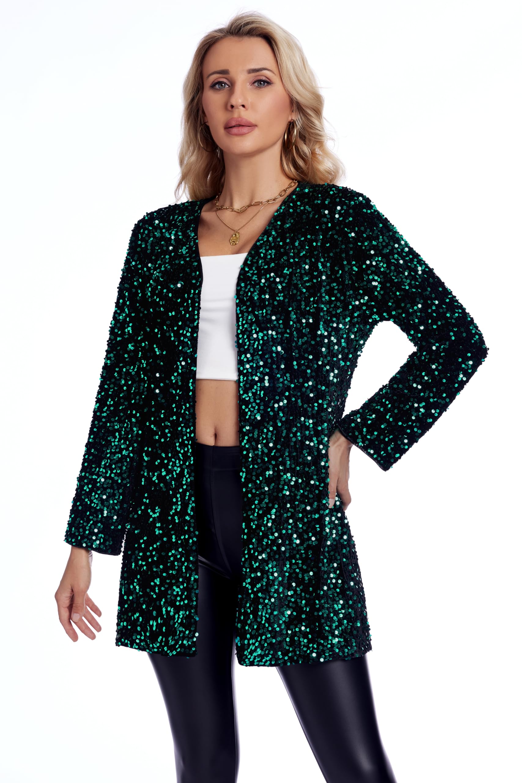 THANKPEARL Women's Sequin Jacket Sparkly Blazer Open Front Glitter Cardigan Long Sleeve Coat for Casual Party Cocktail