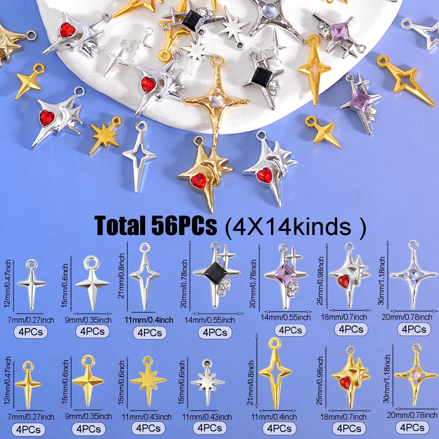 stino 56 Pieces Mental North Star Charms for Jewelry Making, 4 Point Star Pendants for Necklace Earring Bracelet - Image 2
