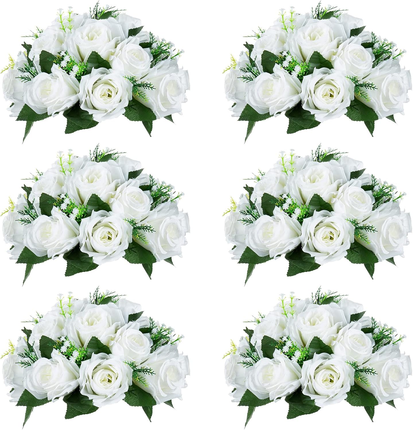 NUPTIO Pcs of 6 Fake Flower Ball Arrangement Bouquet,15 Heads Plastic Roses with Base, Suitable for Our Store's Wedding Centerpiece Flower Rack for Parties Valentine's Day Home Décor (Pure White) 6 Pcs White