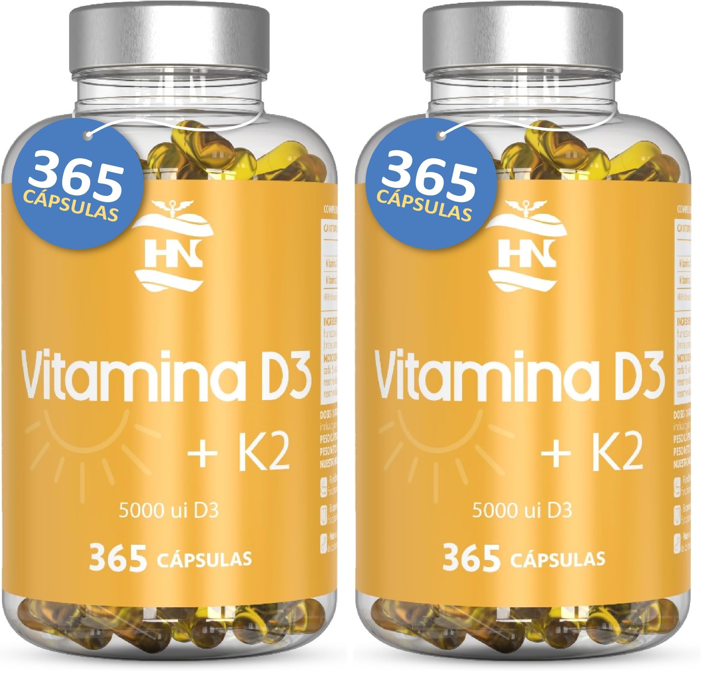 Vitamina D - 365 Cápsulas de vitamina D3 K2 – Vitamina D (5000 UI) altamente concentrada. Favorece la función inmunológica y ósea - 365 cápsulas (1 Bote 365 Cápsulas) (Paquete de 2)