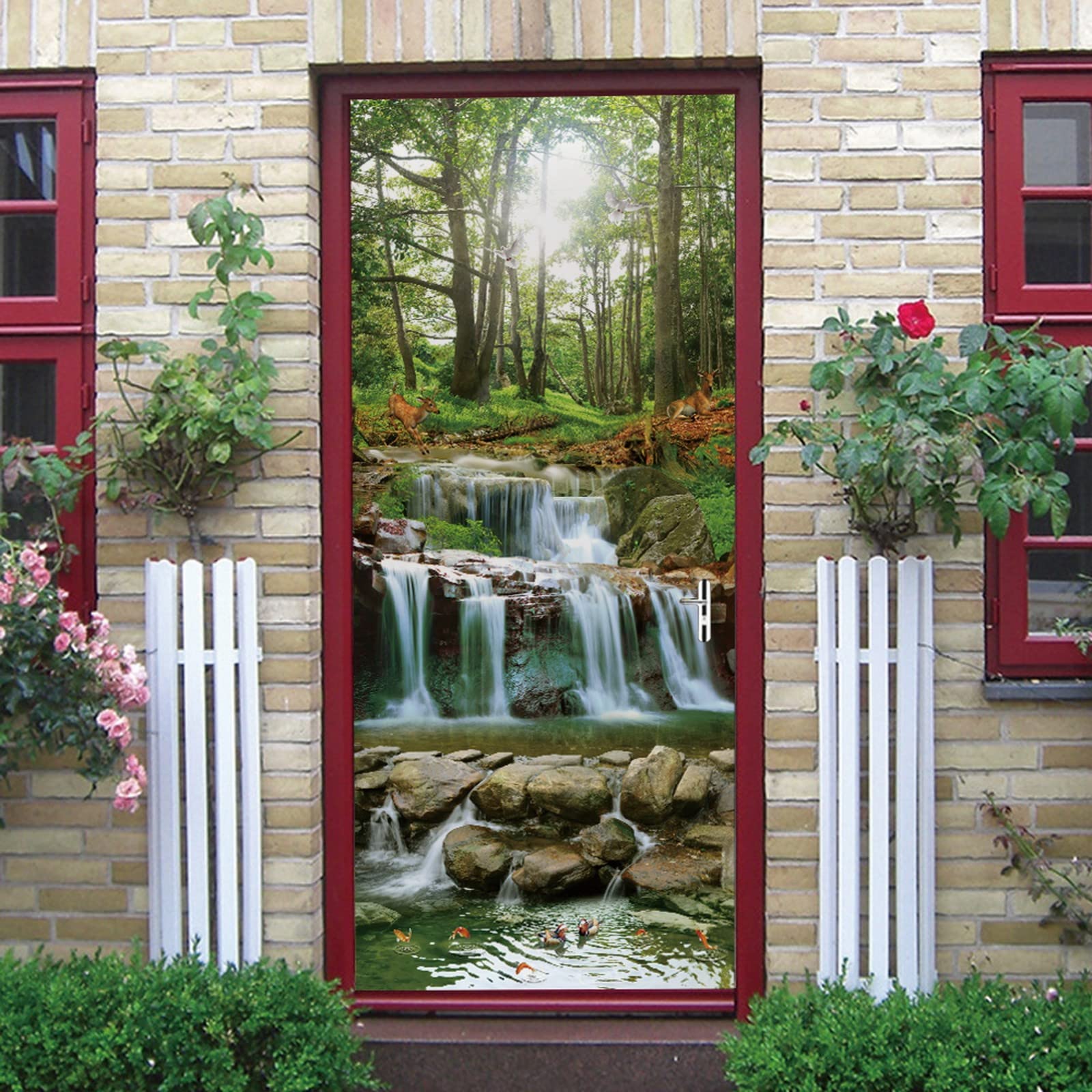 A.Monamour Pegatinas de Puerta Autoadhesivo 3D Cascada Cascada En El Bosque Con La Luz Del Sol A Través De Los Árboles Paisajes Naturales Vinilo para Puertas Mural PVC Pared Foto Poster 95 x 215 cm