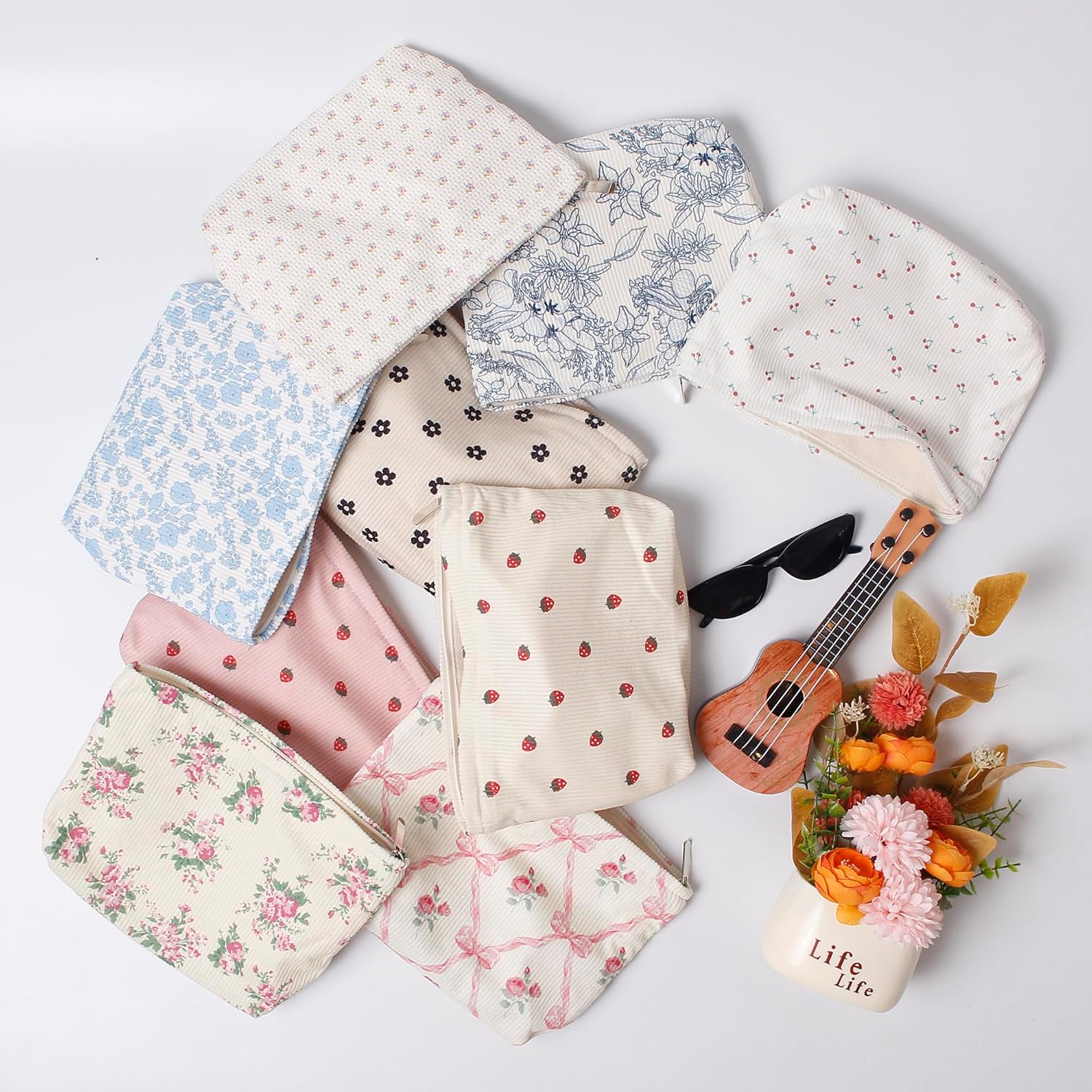 Makeup bag for Women, Flower Cosmetic Bags Zipper Pouch, Large Capacity Corduroy Makeup Bag, Travel Toiletry Bag Organizer for Women and Girls (Flower-A) - Image 9