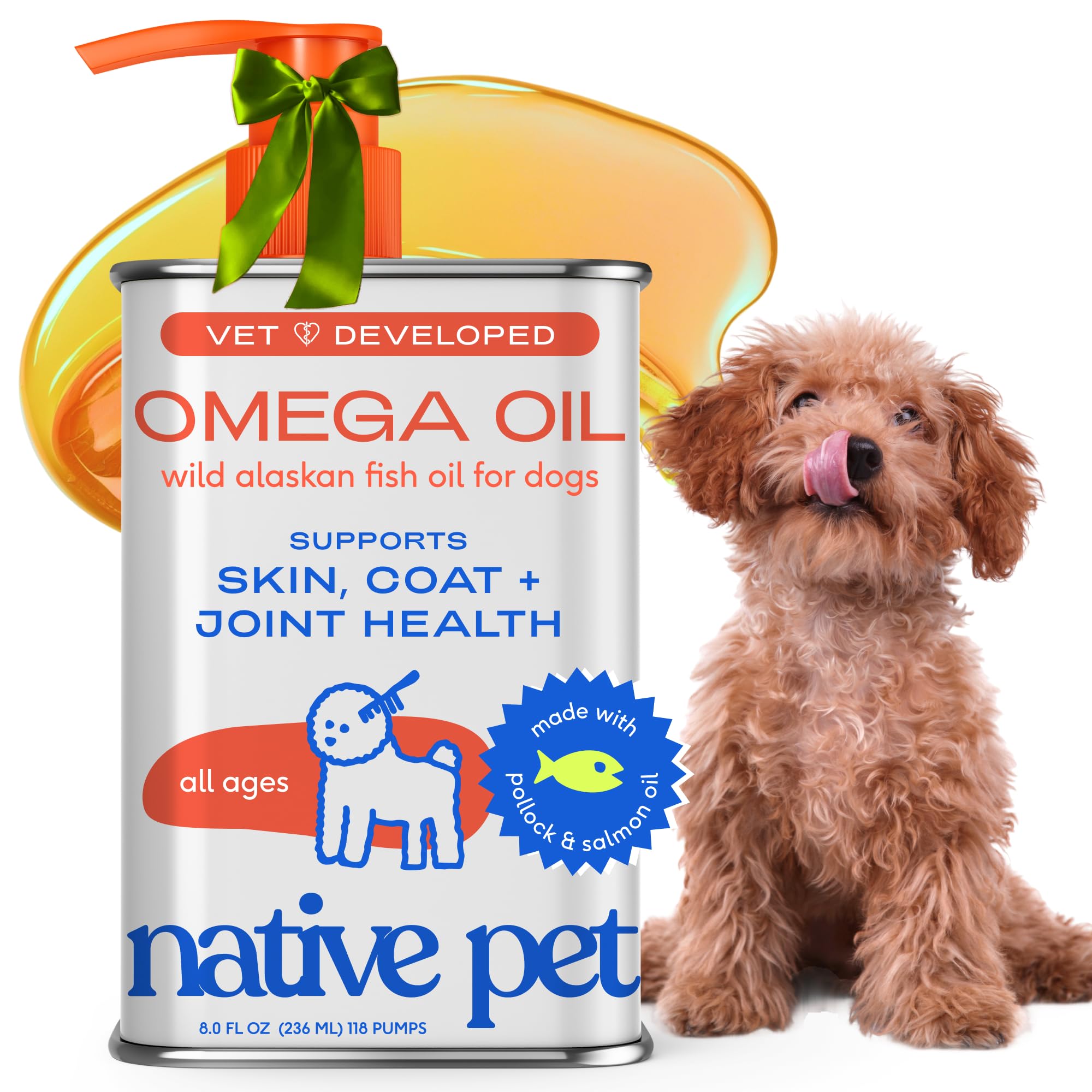 Native Pet Omega 3 Fish Oil for Dogs & Cats - Promotes Healthy Skin, Shiny Coat, & Strong Joints - Made with Wild Alaskan Salmon Oil for Dogs – Tasty, Fast-Absorbing Omega 3 6 9 Liquid Supplement- 8oz
