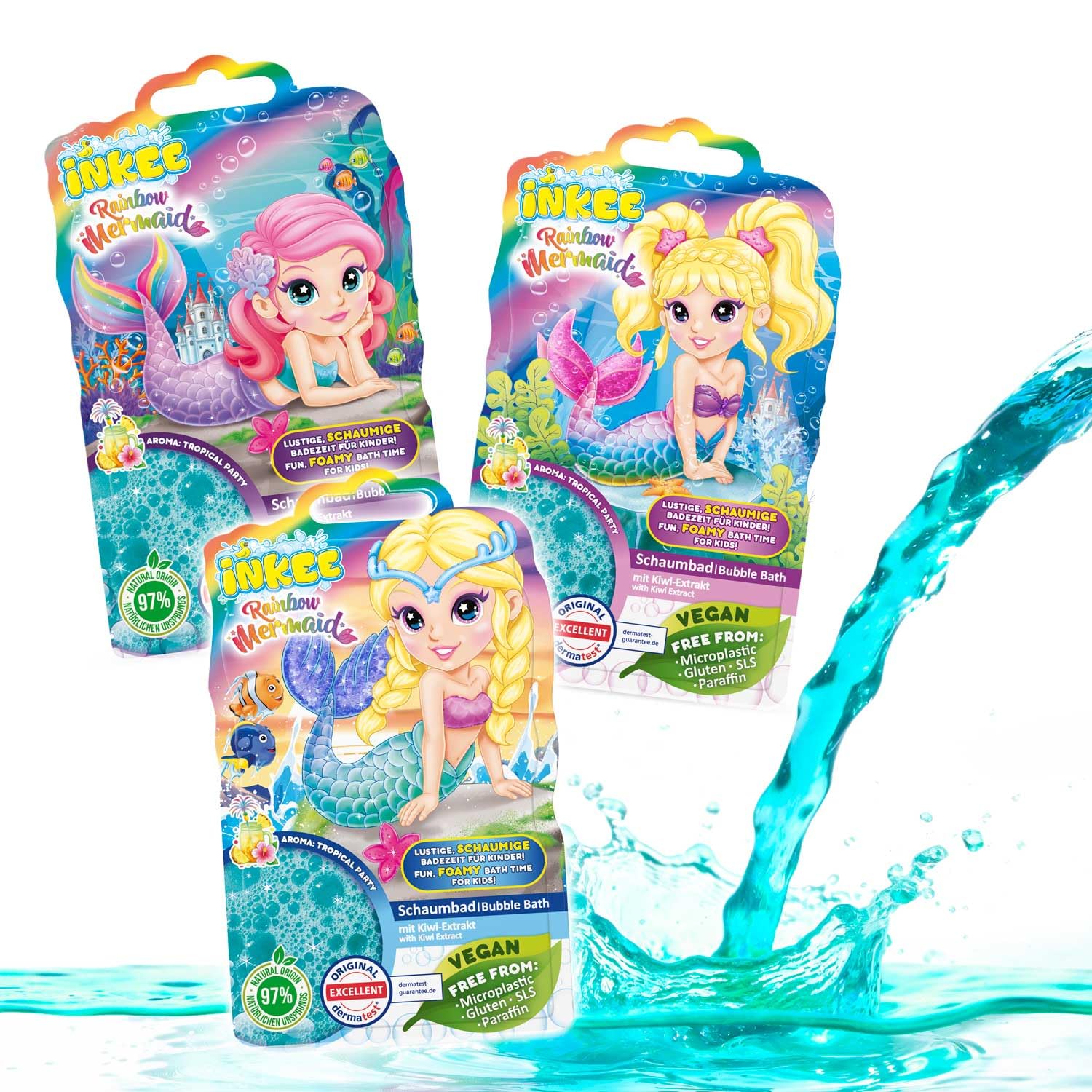 INKEE Bubble Bath Sirena Arcoíris Pack 3 – Espuma de Baño para Niños con Aroma Tropical, Espuma Turquesa para la Bañera, Aditivo de Baño Infantil 3x 40ml