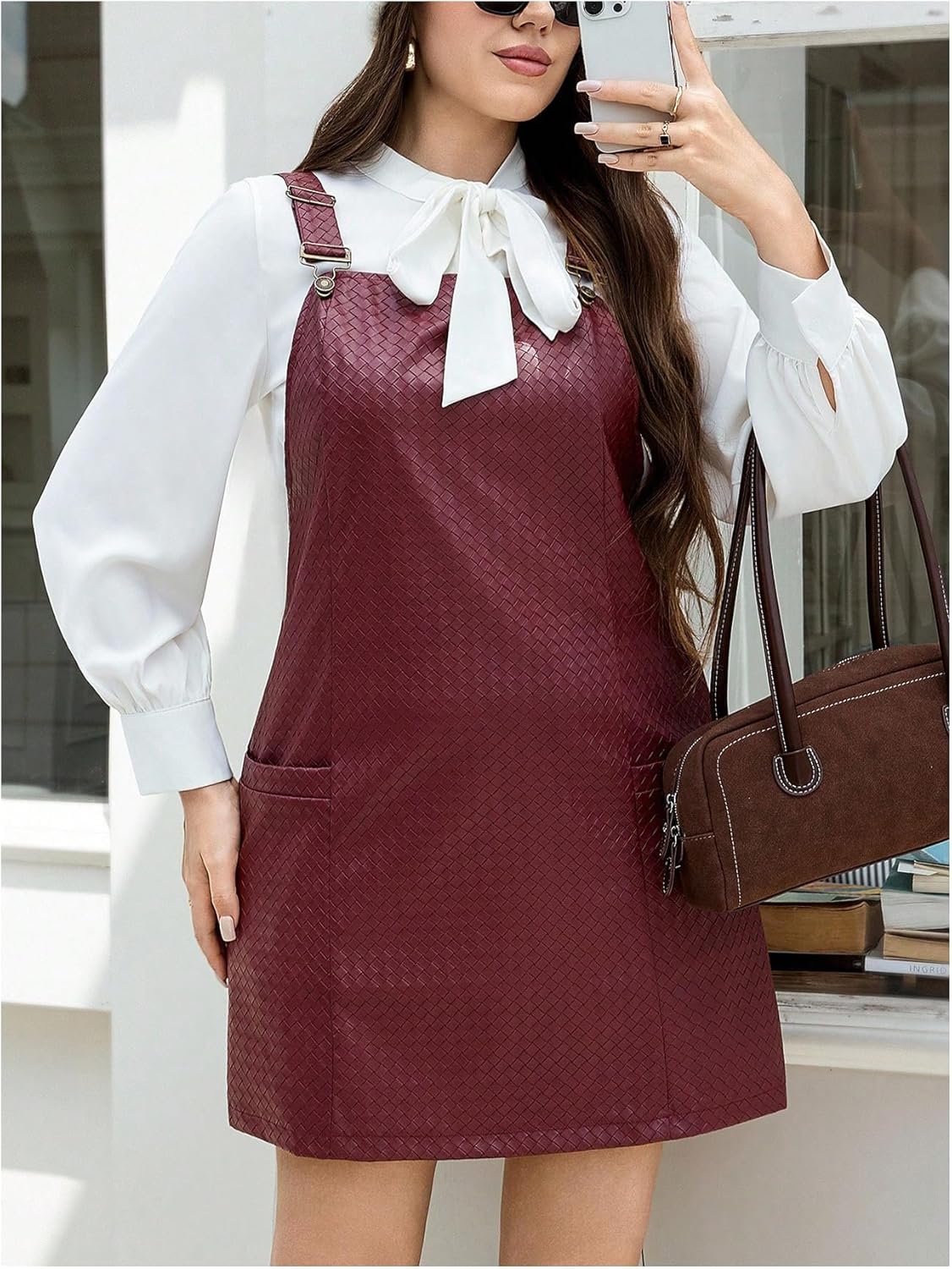 MakeMeChic Women's Plus Size Christmas Overall Dress Leopard Print Pinafore Adjustable Strap Short Dress Burgundy X-Large - Image 4