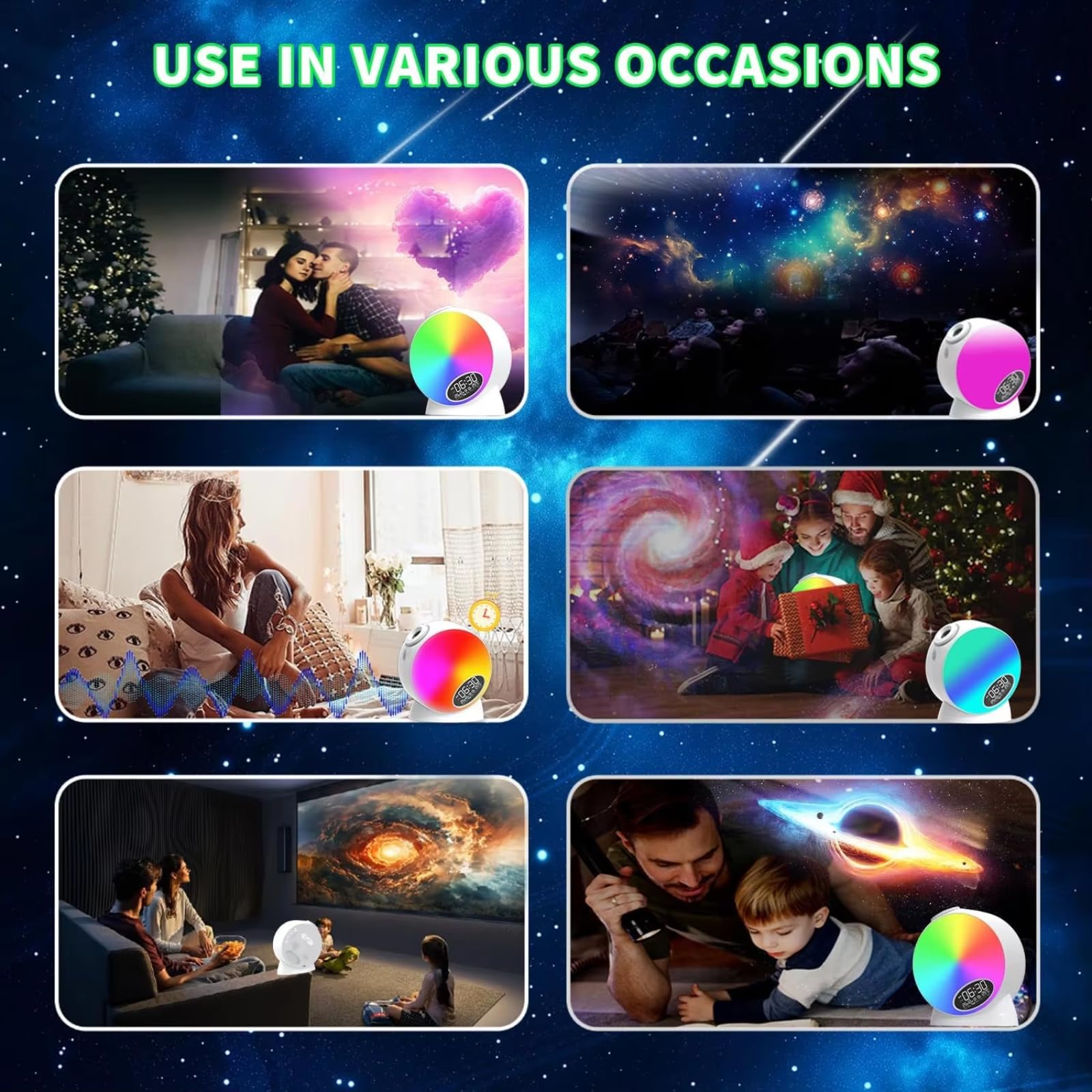 Galaxy Projektor, Sternenlichtprojektor mit 13 Filmscheiben, Zeit & Temperaturanzeige, Perfekt für Dekor, Heimkino-Setups, Partyszenen Entspannung, Weiß