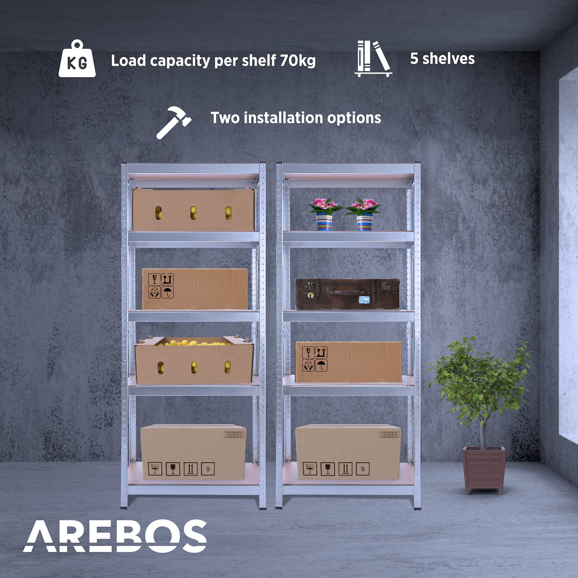 Arebos 2X Estanteria Metalica | Estanterias Almacenaje 180x75x30cm | 350 kg | Estanterías Metálicas | Estanterias Metalicas Almacenaje | 5 Baldas