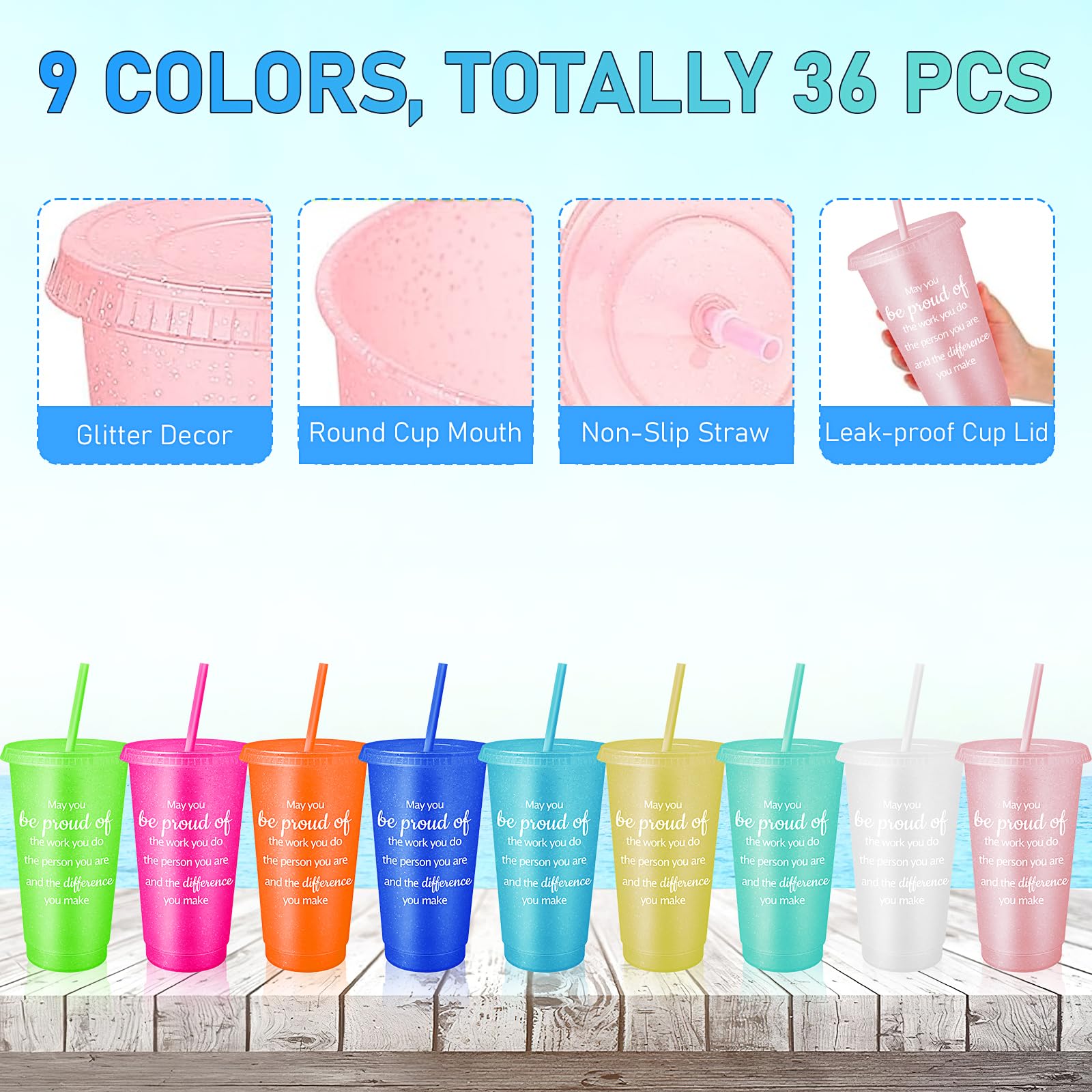 MSYU 36 bicchieri di ringraziamento per dipendenti, 710 ml, bicchieri di apprezzamento per colleghi, insegnanti, squadre, personale, in plastica, colorati, con coperchio, cannucce (colore vivace)