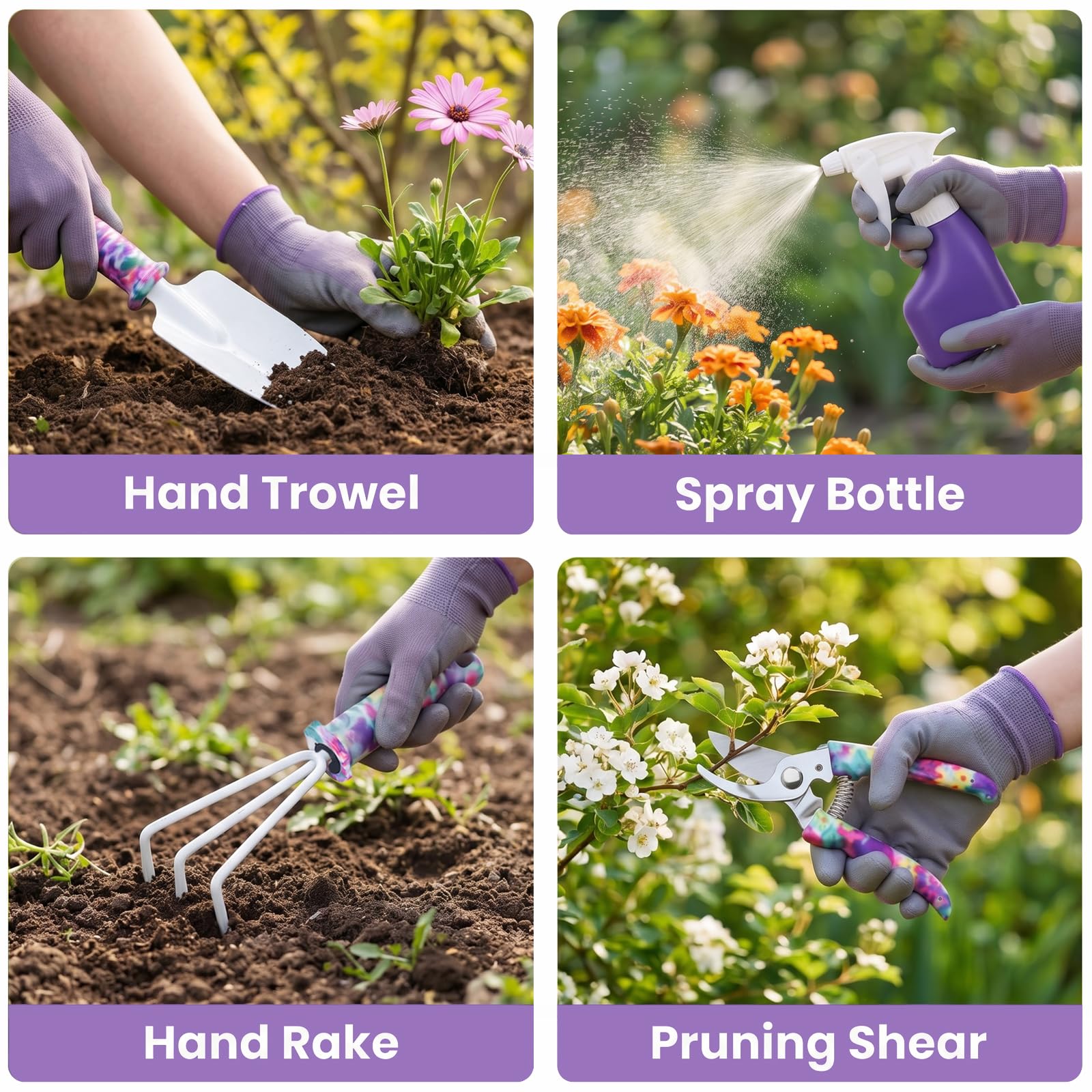 Outils Jardinage, Kit 10 Pièces avec Mallette, Motif Violet