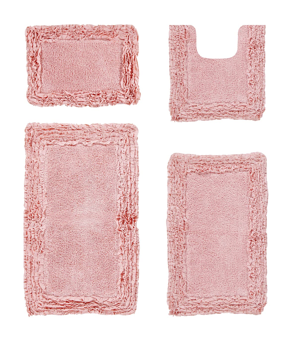 Better Trends 4 Piece Bath Rugs Set 100% Cotton Bathroom Rug Soft, Water Absorbent, Non-Slip Rug Pad, Washable for Bathroom Decor Toilet Base Contour and Bath Mat Pink Shaggy Border Collection