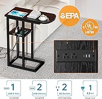Vista 4 de Mesa auxiliar de mesa C con estación de carga, mesa auxiliar en forma de C para sala de estar, dormitorio, mesa para computadora portátil