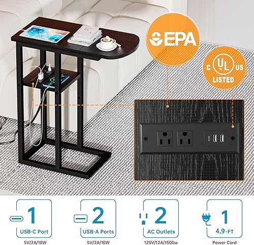 Miniatura 4 de Mesa auxiliar de mesa C con estación de carga, mesa auxiliar en forma de C para sala de estar, dormitorio, mesa para computadora portátil con