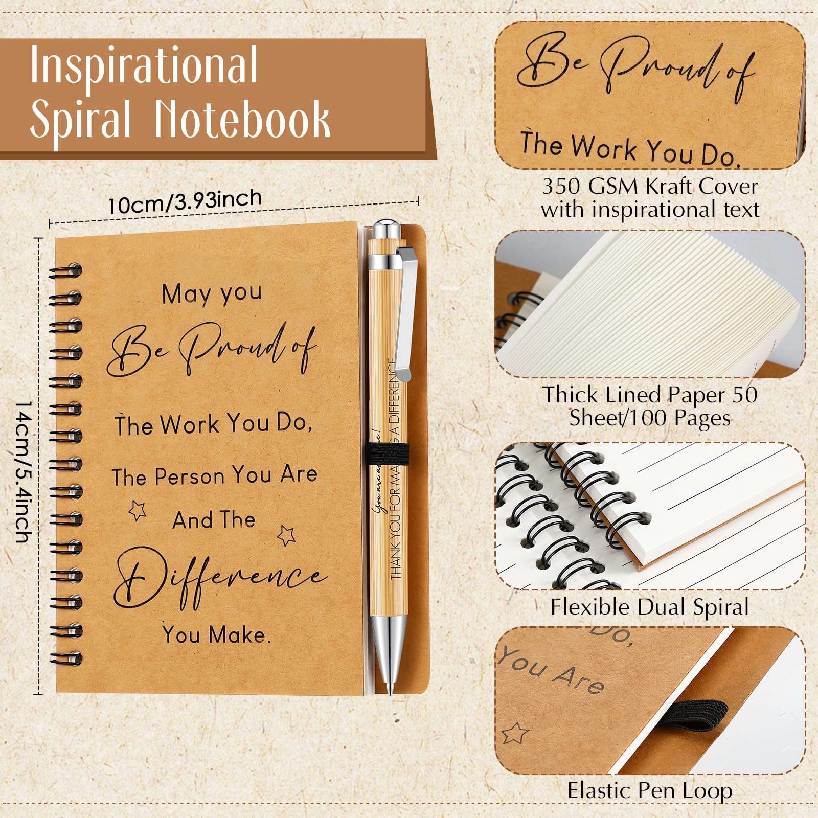 Sinmoe 12 Sets Thank You Gifts for Colleague Employee Appreciation Gifts Inspirational Notebook Ballpoint Pens Kraft Lined Notepad Gift for Coworker Teacher Volunteer Staff (Yellow,Thank You) - Image 3