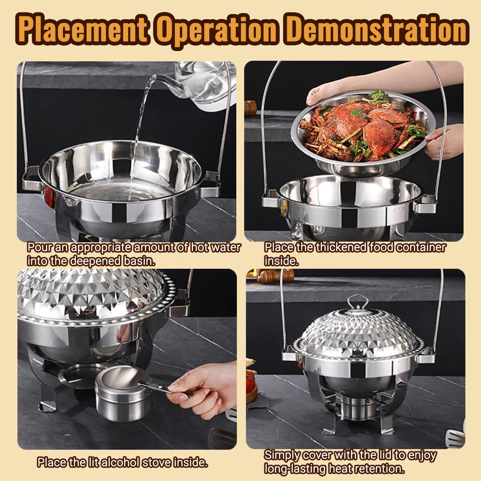 Set di scaldavivande da buffet, con coperchio sospeso, piano cottura da pranzo, scaldavivande rotondo in acciaio inox, scaldavivande da buffet, vassoio riscaldante da bancone, lavabile in